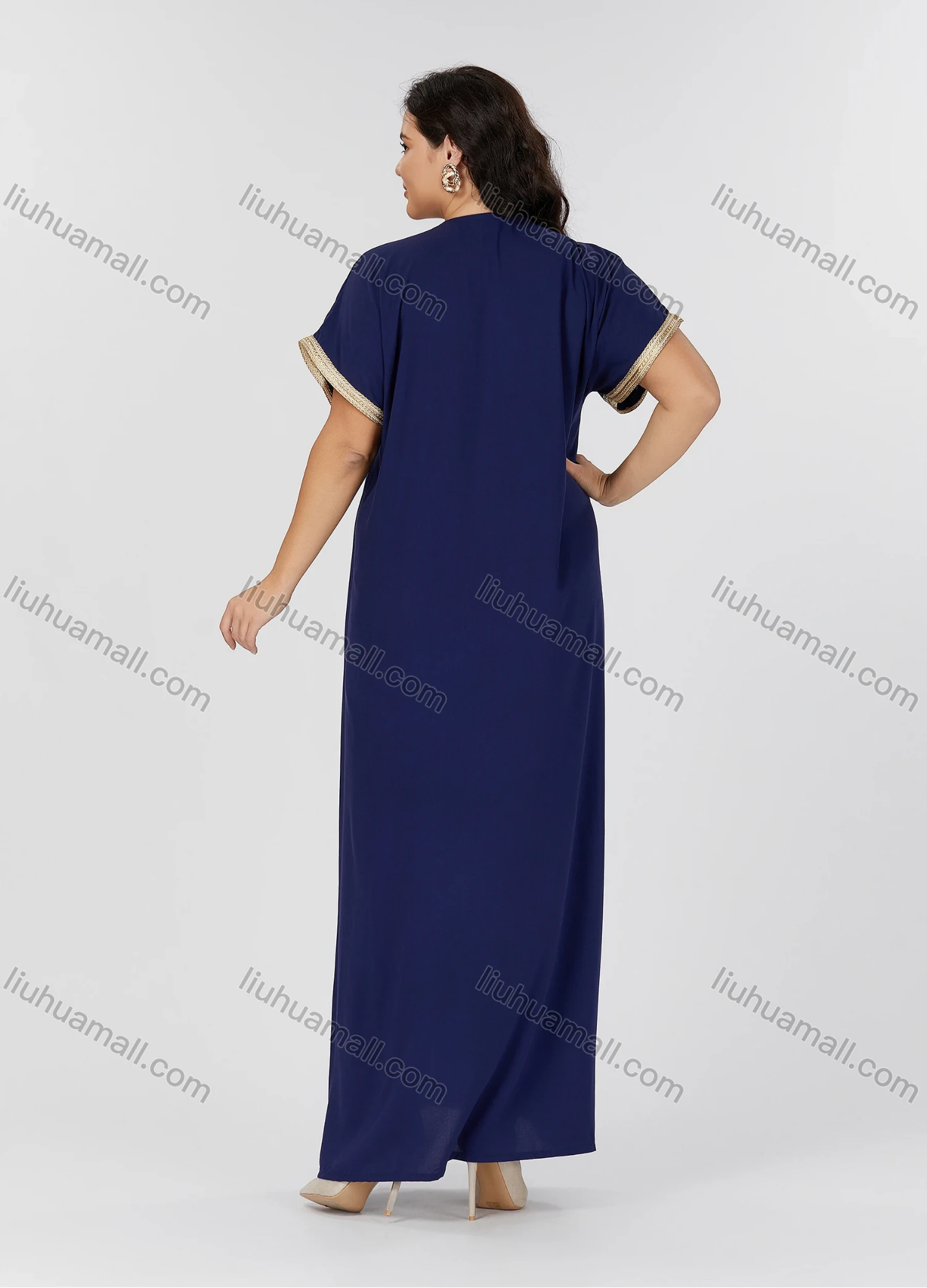 Wholesale Women's Folkloric Vintage Floral Embroidered Trim Short Sleeve Split Front Robe Maxi African Dress - Liuhuamall