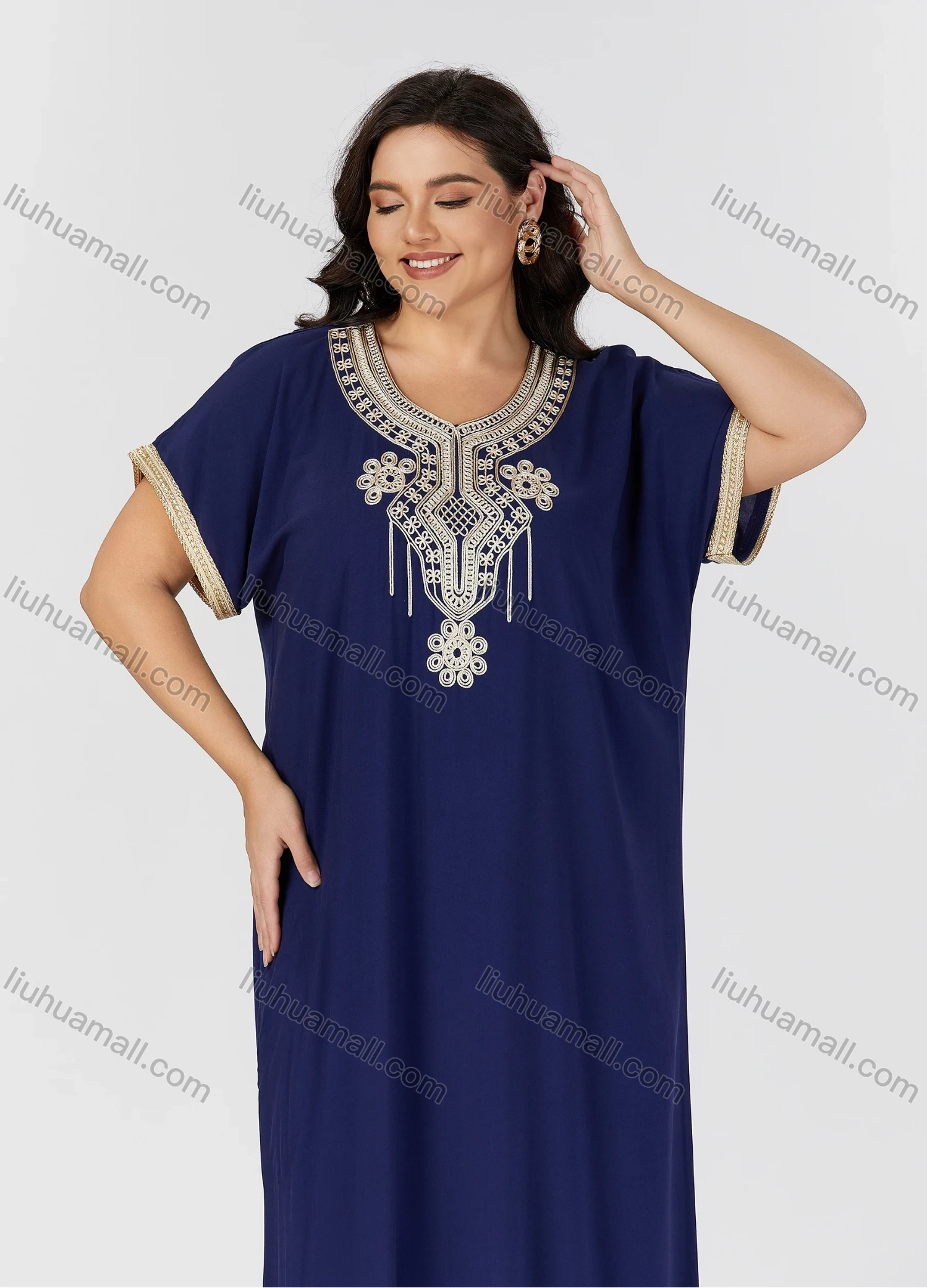 Wholesale Women's Folkloric Vintage Floral Embroidered Trim Short Sleeve Split Front Robe Maxi African Dress - Liuhuamall