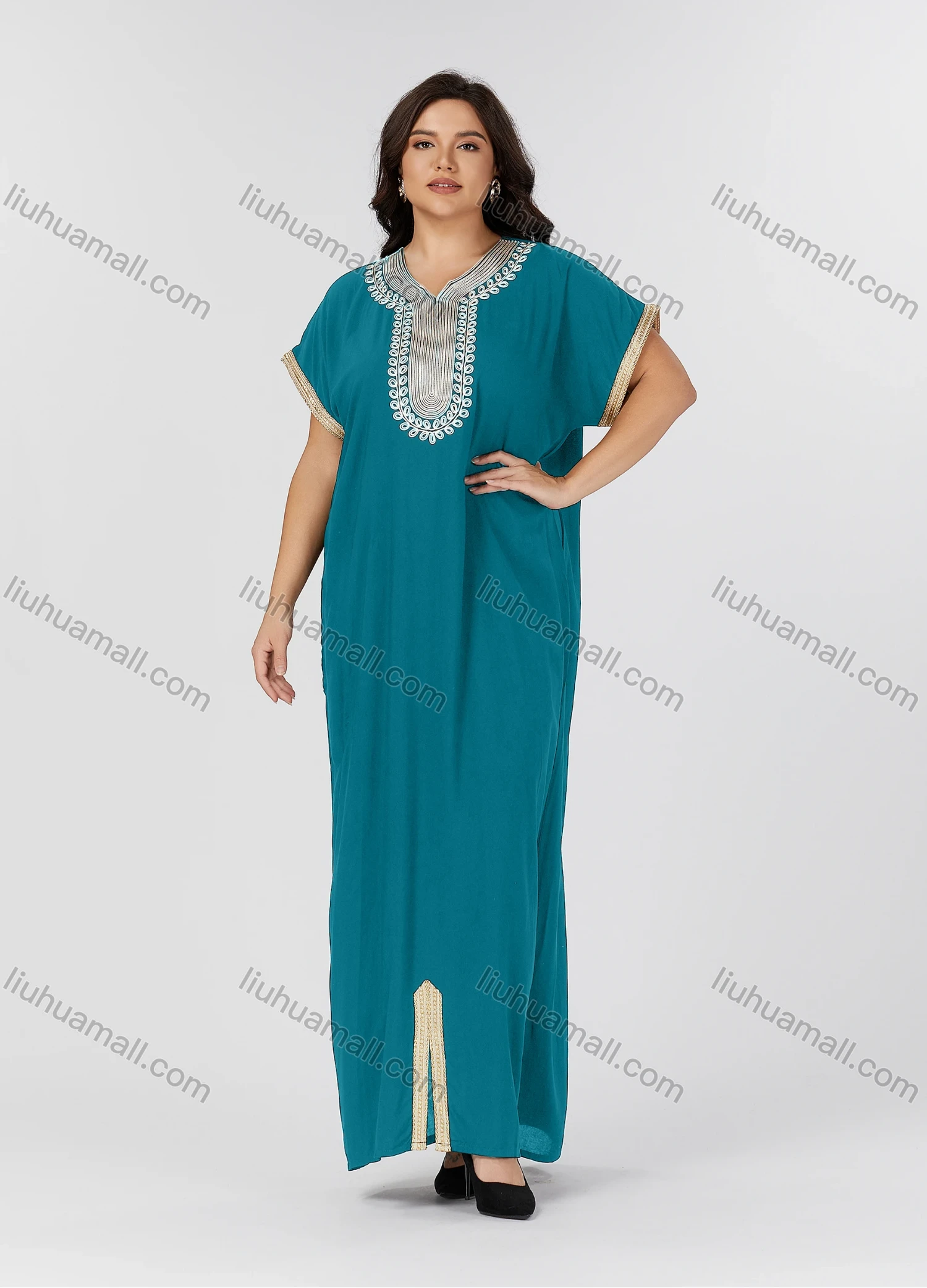Wholesale Women's Folkloric Vintage Embroidered Split Front Short Sleeve Robe Maxi African Dress - Liuhuamall