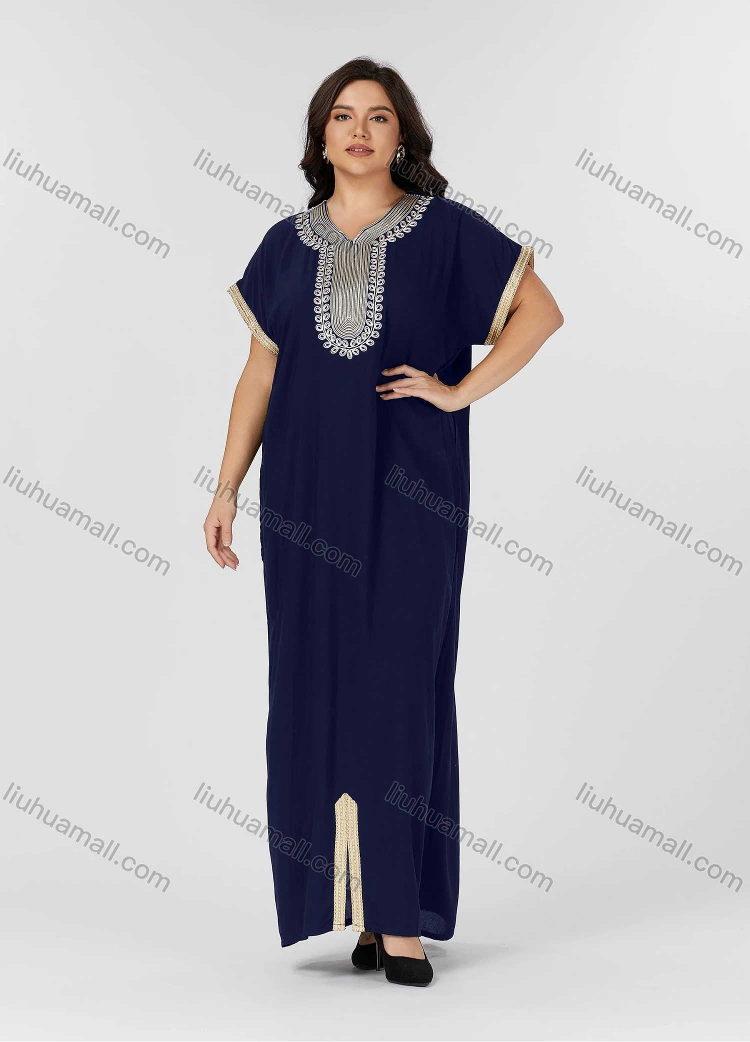 Wholesale Women's Folkloric Vintage Embroidered Split Front Short Sleeve Robe Maxi African Dress - Liuhuamall