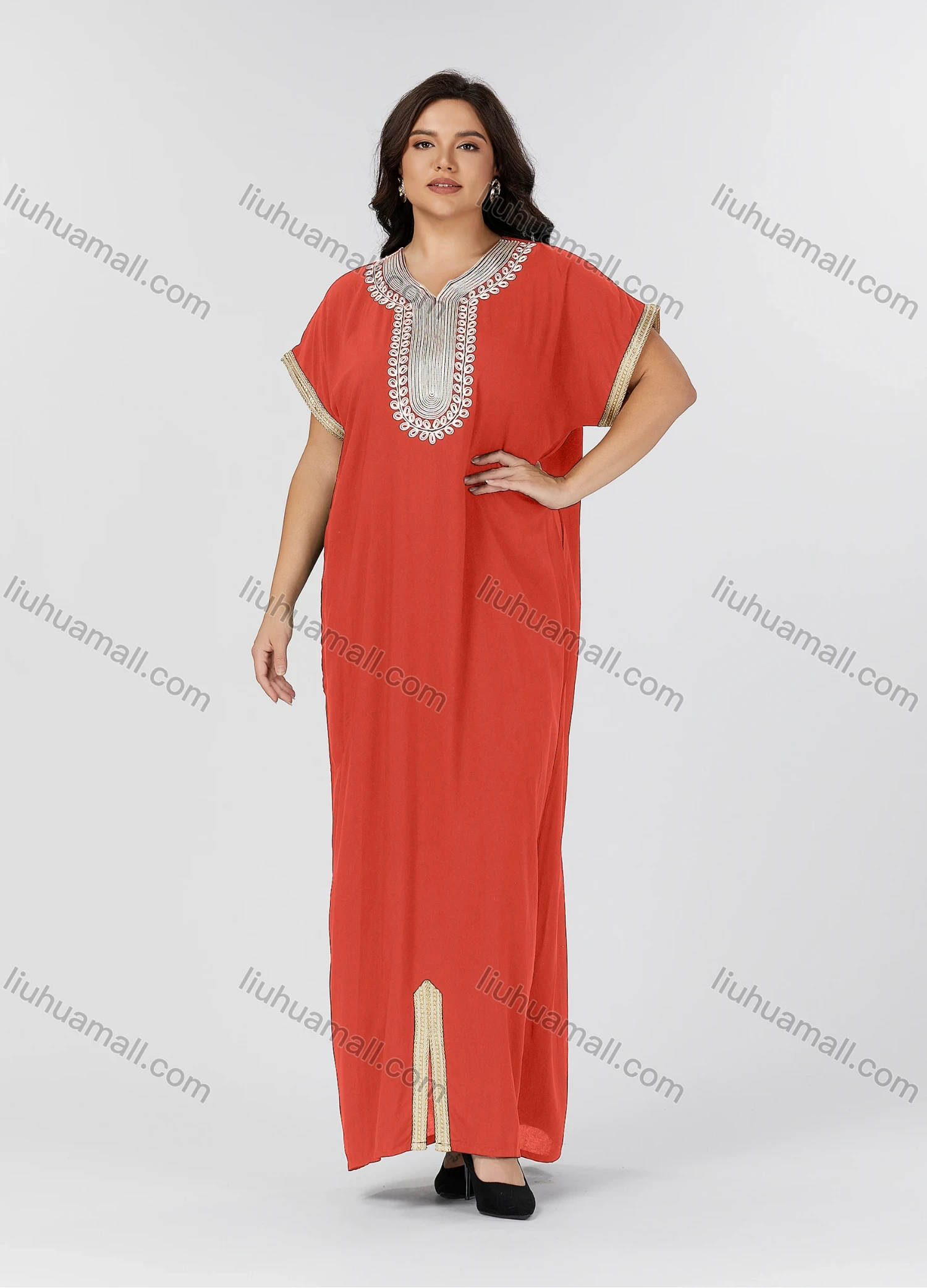 Wholesale Women's Folkloric Vintage Embroidered Split Front Short Sleeve Robe Maxi African Dress - Liuhuamall
