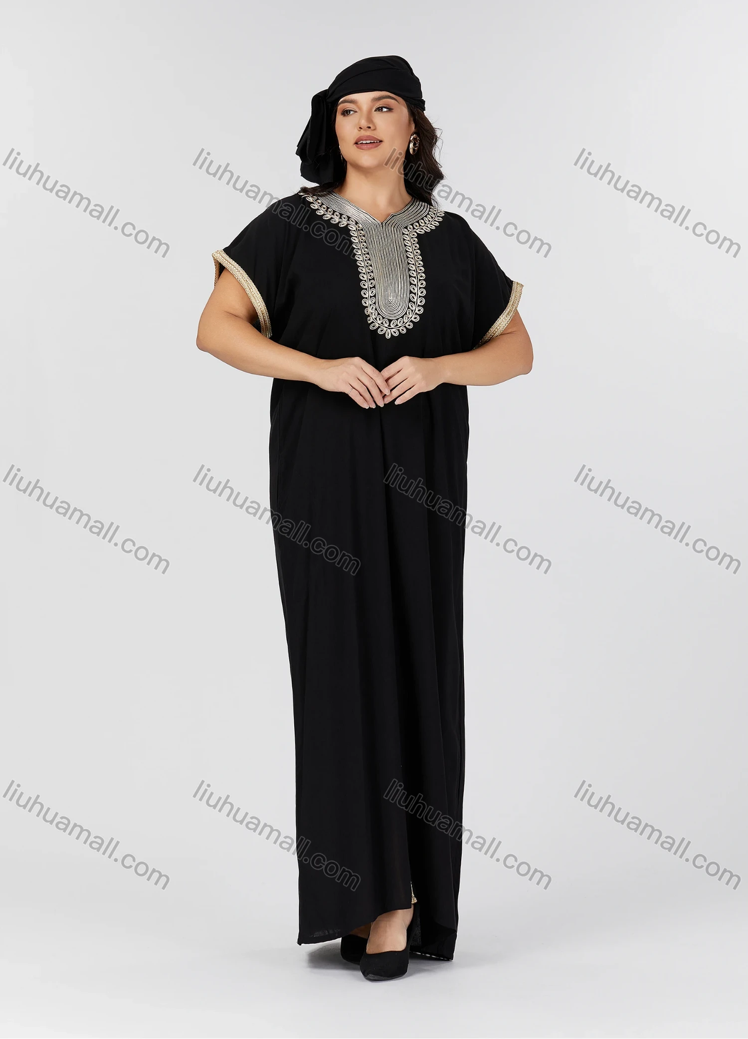 Wholesale Women's Folkloric Vintage Embroidered Split Front Short Sleeve Robe Maxi African Dress - Liuhuamall