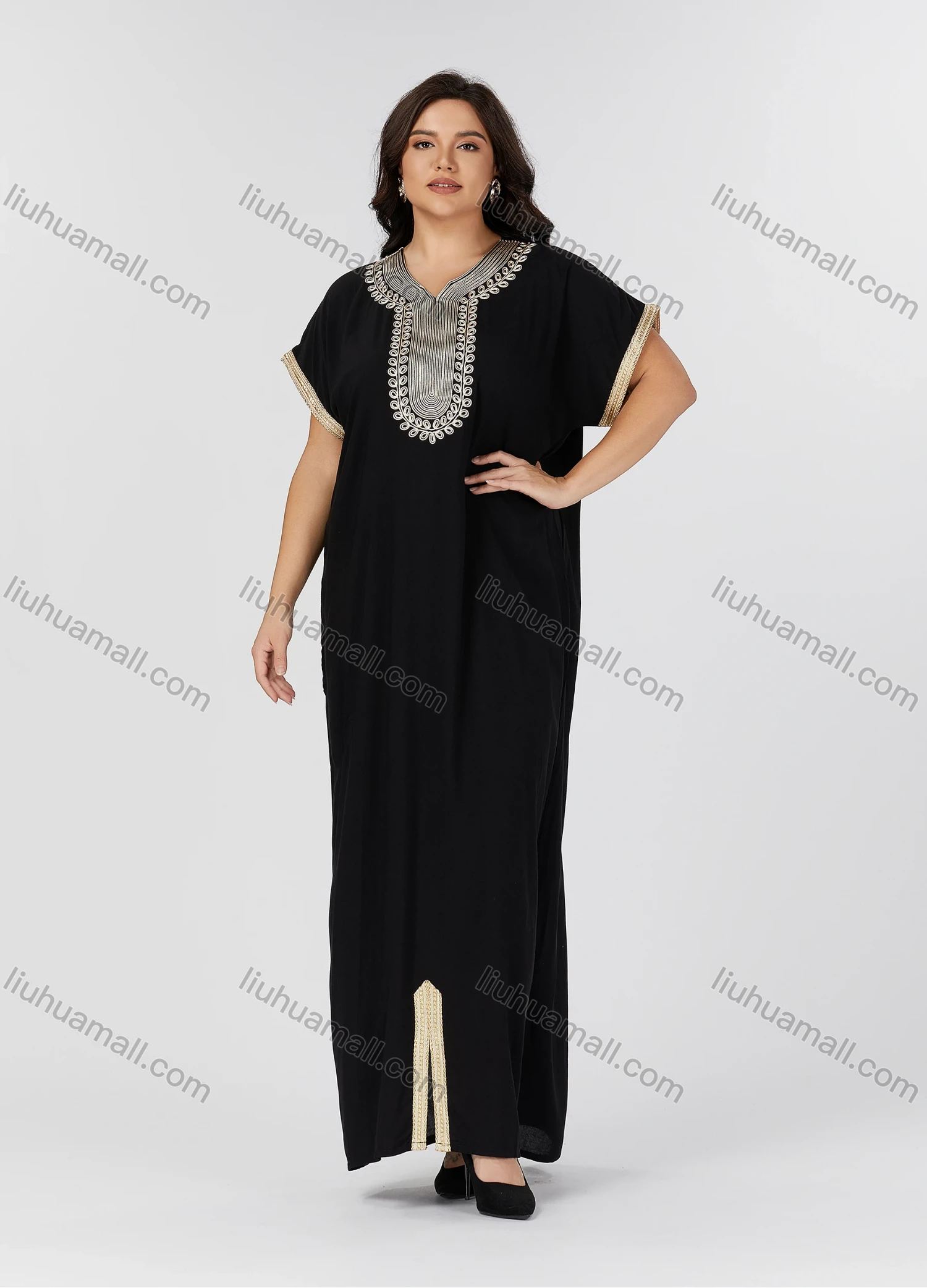 Wholesale Women's Folkloric Vintage Embroidered Split Front Short Sleeve Robe Maxi African Dress - Liuhuamall