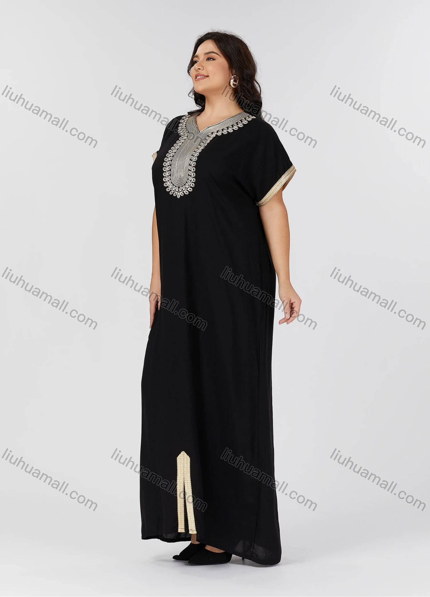 Wholesale Women's Folkloric Vintage Embroidered Split Front Short Sleeve Robe Maxi African Dress - Liuhuamall