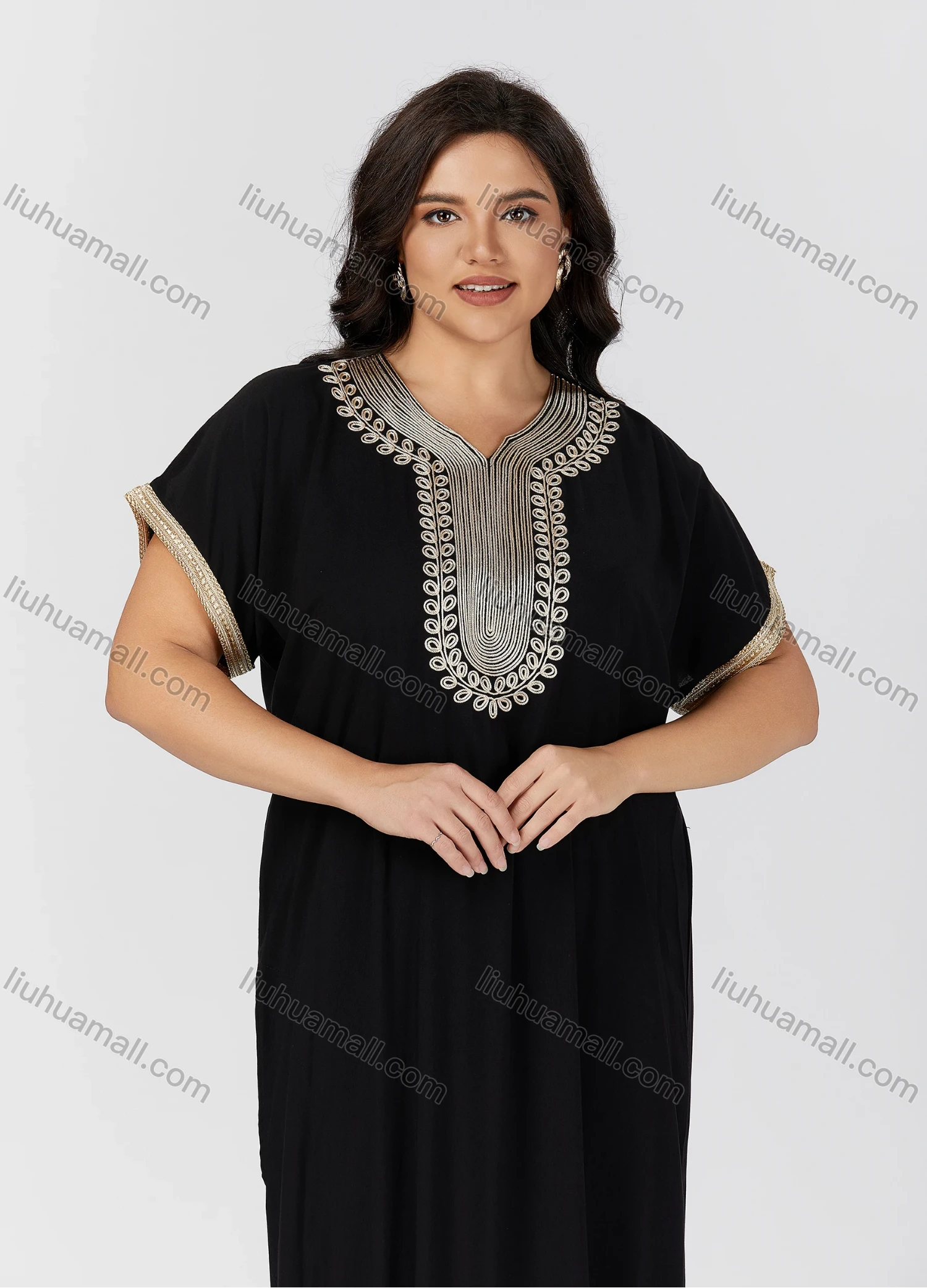 Wholesale Women's Folkloric Vintage Embroidered Split Front Short Sleeve Robe Maxi African Dress - Liuhuamall