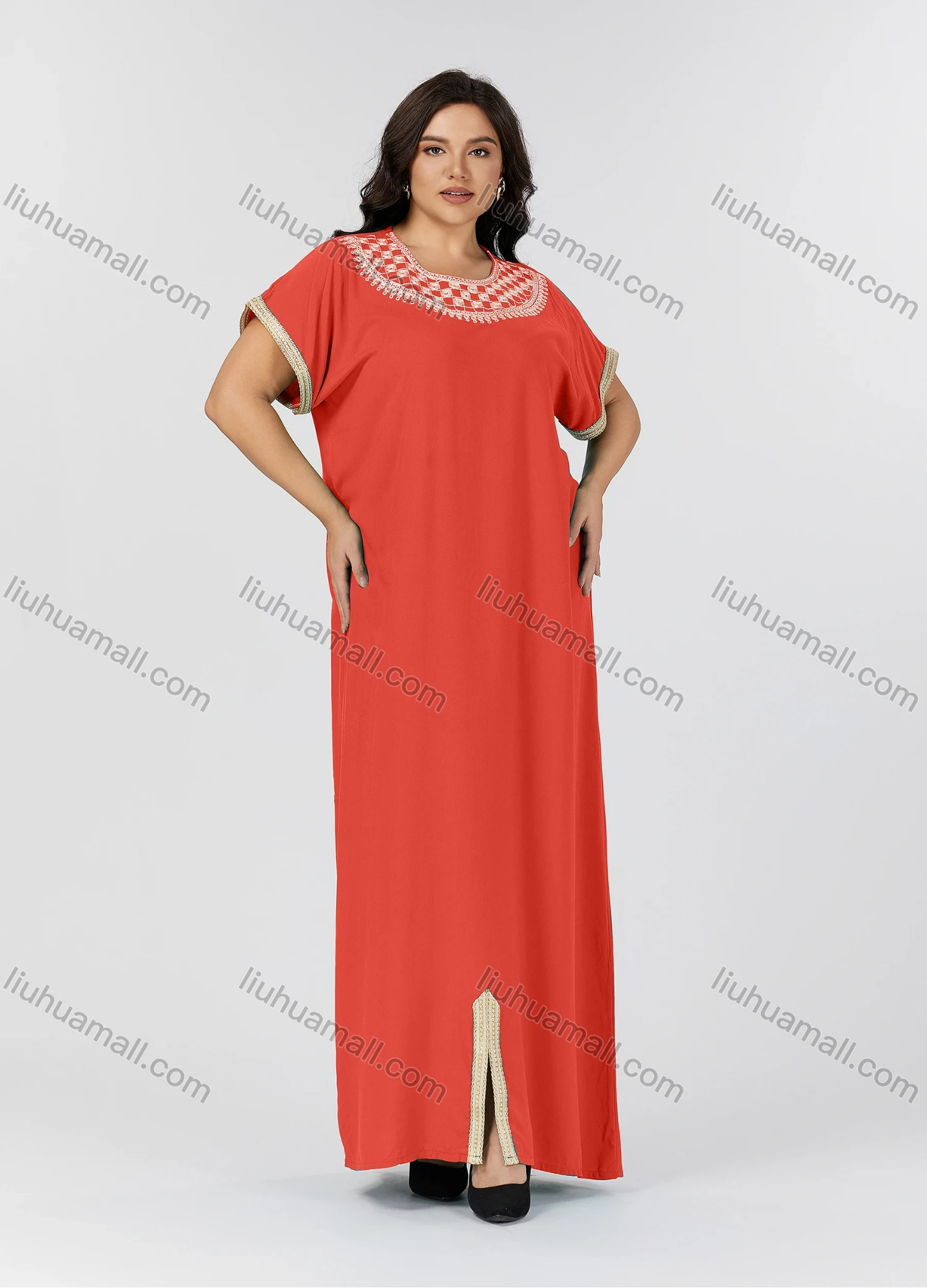 Wholesale Women's Folkloric Plain Embroidered Split Front Crew Neck Short Sleeve Robe Maxi African Dress - Liuhuamall