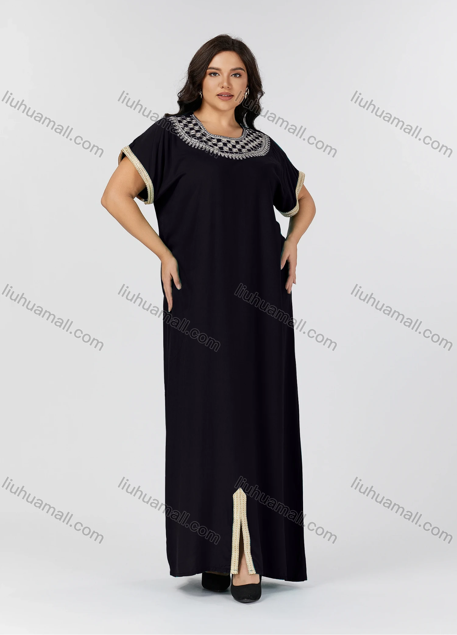 Wholesale Women's Folkloric Plain Embroidered Split Front Crew Neck Short Sleeve Robe Maxi African Dress - Liuhuamall