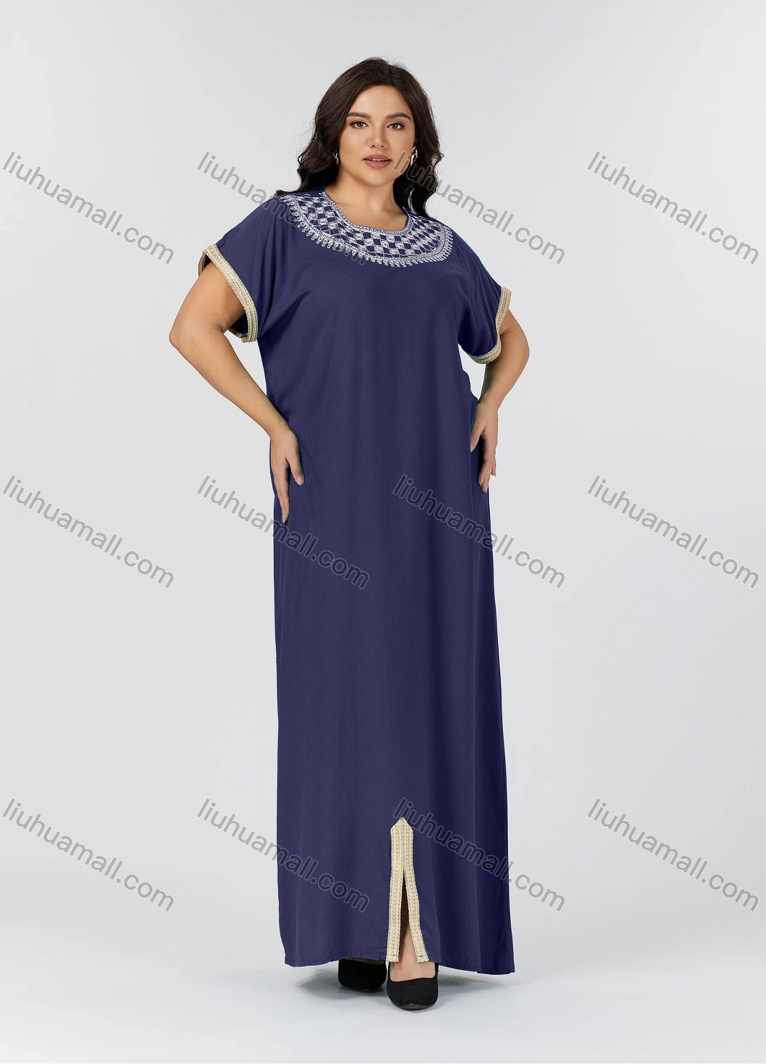 Wholesale Women's Folkloric Plain Embroidered Split Front Crew Neck Short Sleeve Robe Maxi African Dress - Liuhuamall