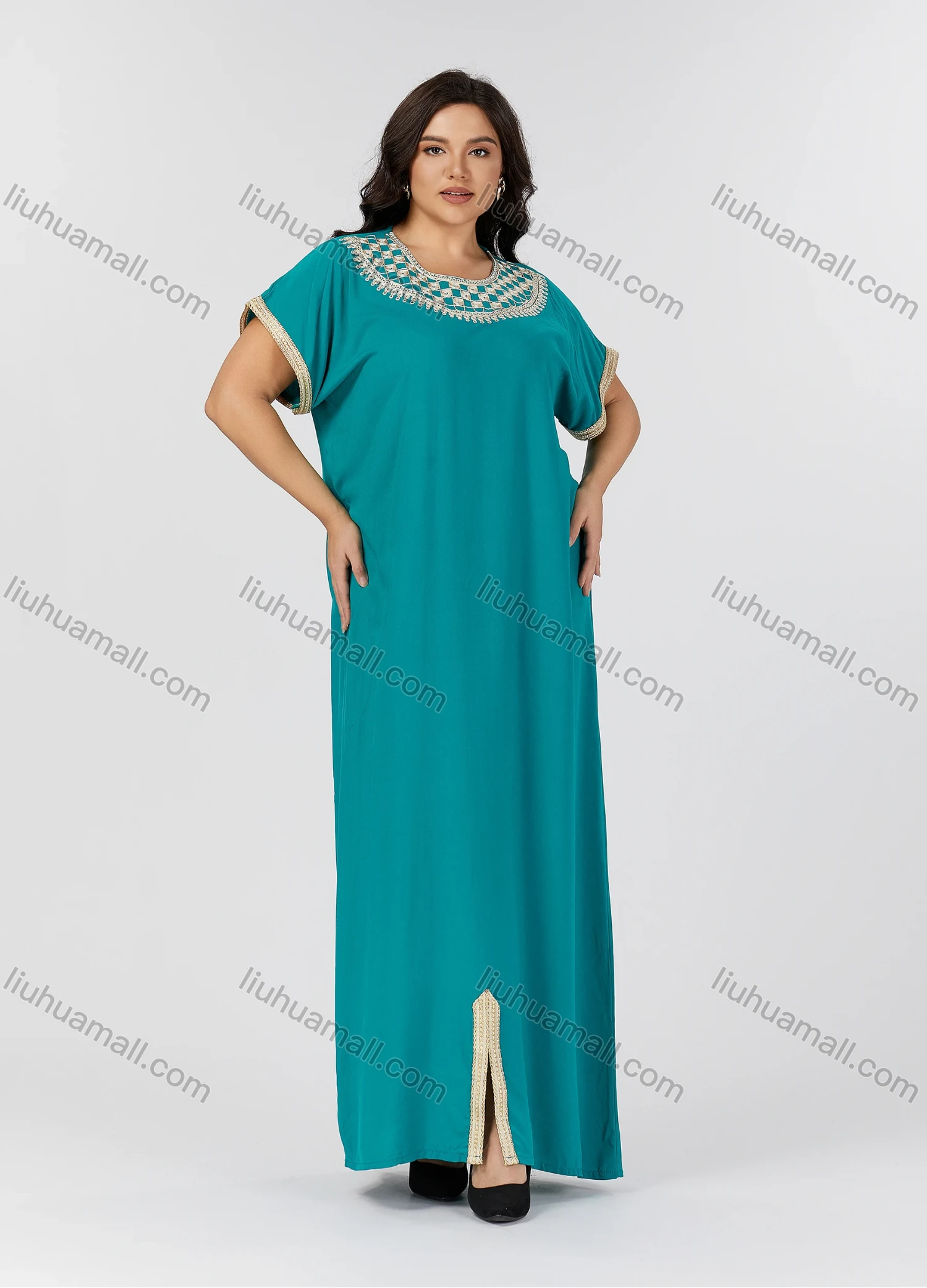 Wholesale Women's Folkloric Plain Embroidered Split Front Crew Neck Short Sleeve Robe Maxi African Dress - Liuhuamall