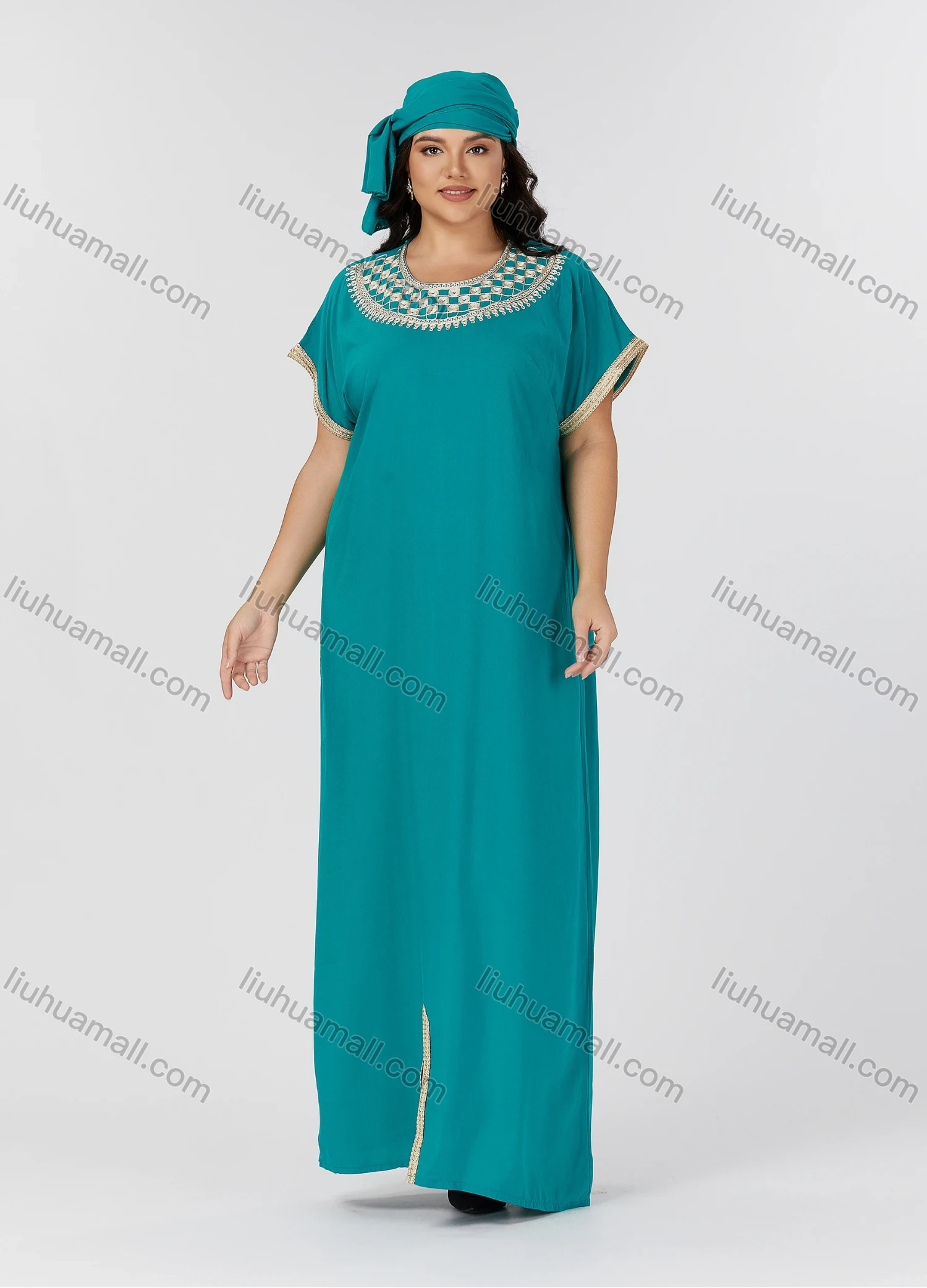 Wholesale Women's Folkloric Plain Embroidered Split Front Crew Neck Short Sleeve Robe Maxi African Dress - Liuhuamall