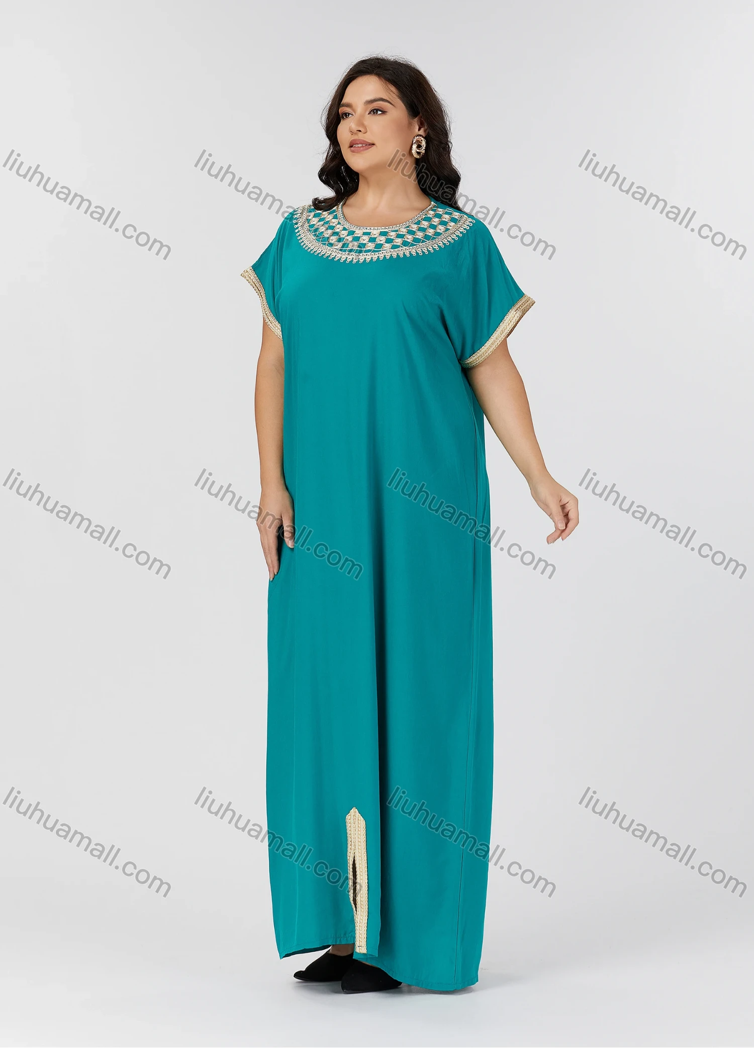 Wholesale Women's Folkloric Plain Embroidered Split Front Crew Neck Short Sleeve Robe Maxi African Dress - Liuhuamall