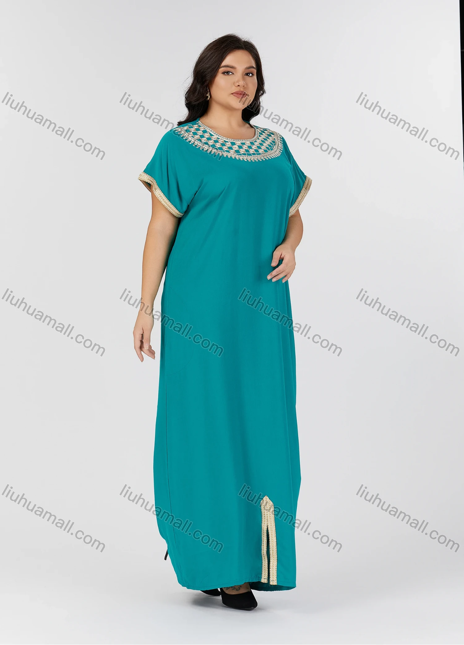 Wholesale Women's Folkloric Plain Embroidered Split Front Crew Neck Short Sleeve Robe Maxi African Dress - Liuhuamall
