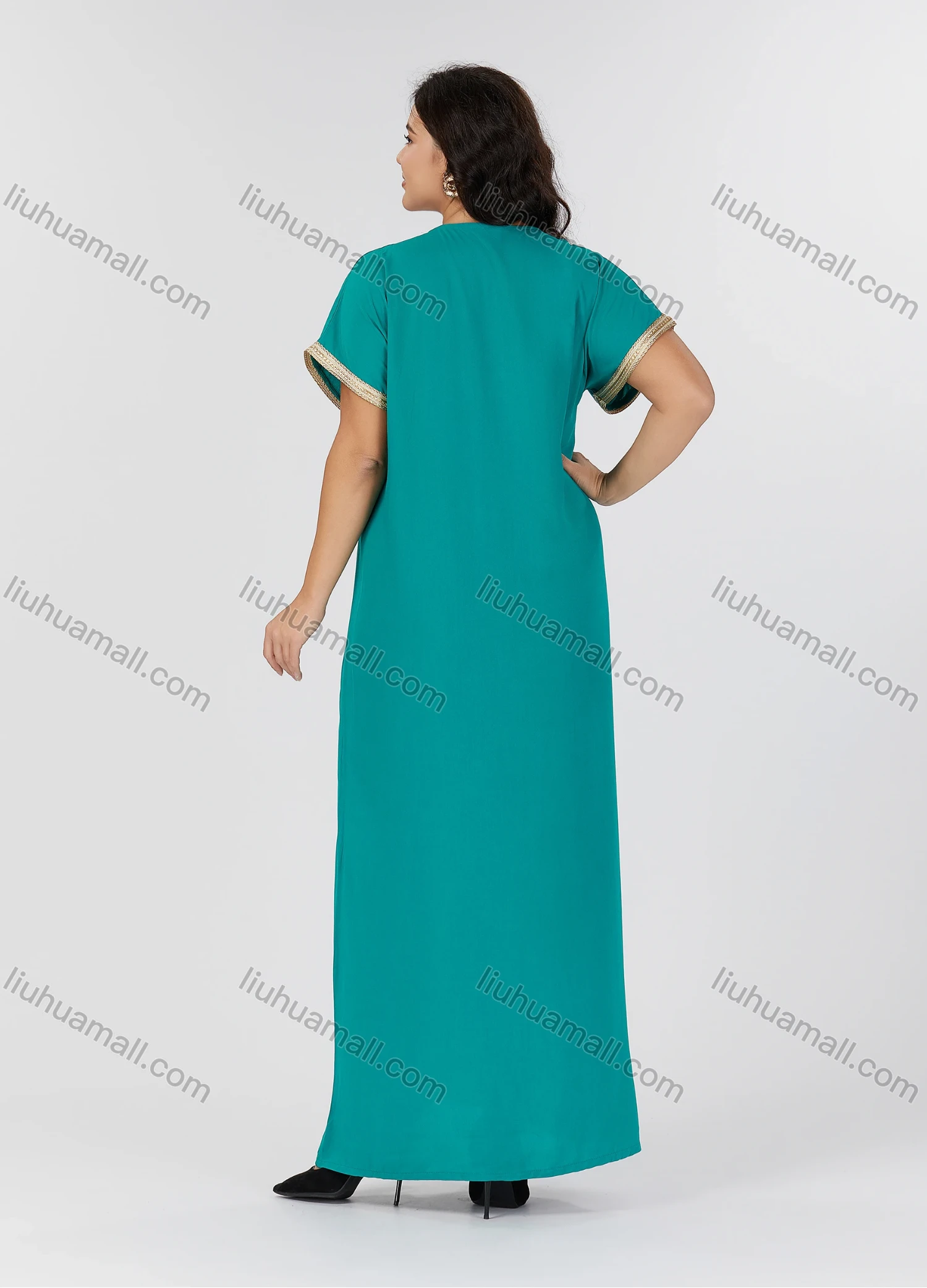 Wholesale Women's Folkloric Plain Embroidered Split Front Crew Neck Short Sleeve Robe Maxi African Dress - Liuhuamall