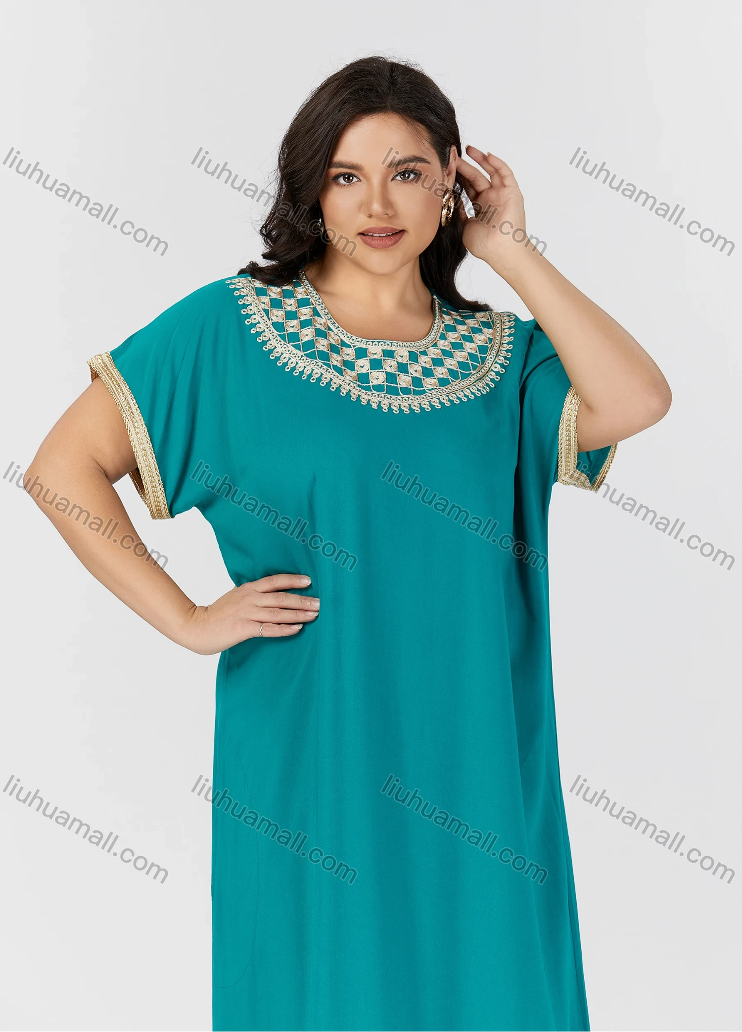 Wholesale Women's Folkloric Plain Embroidered Split Front Crew Neck Short Sleeve Robe Maxi African Dress - Liuhuamall