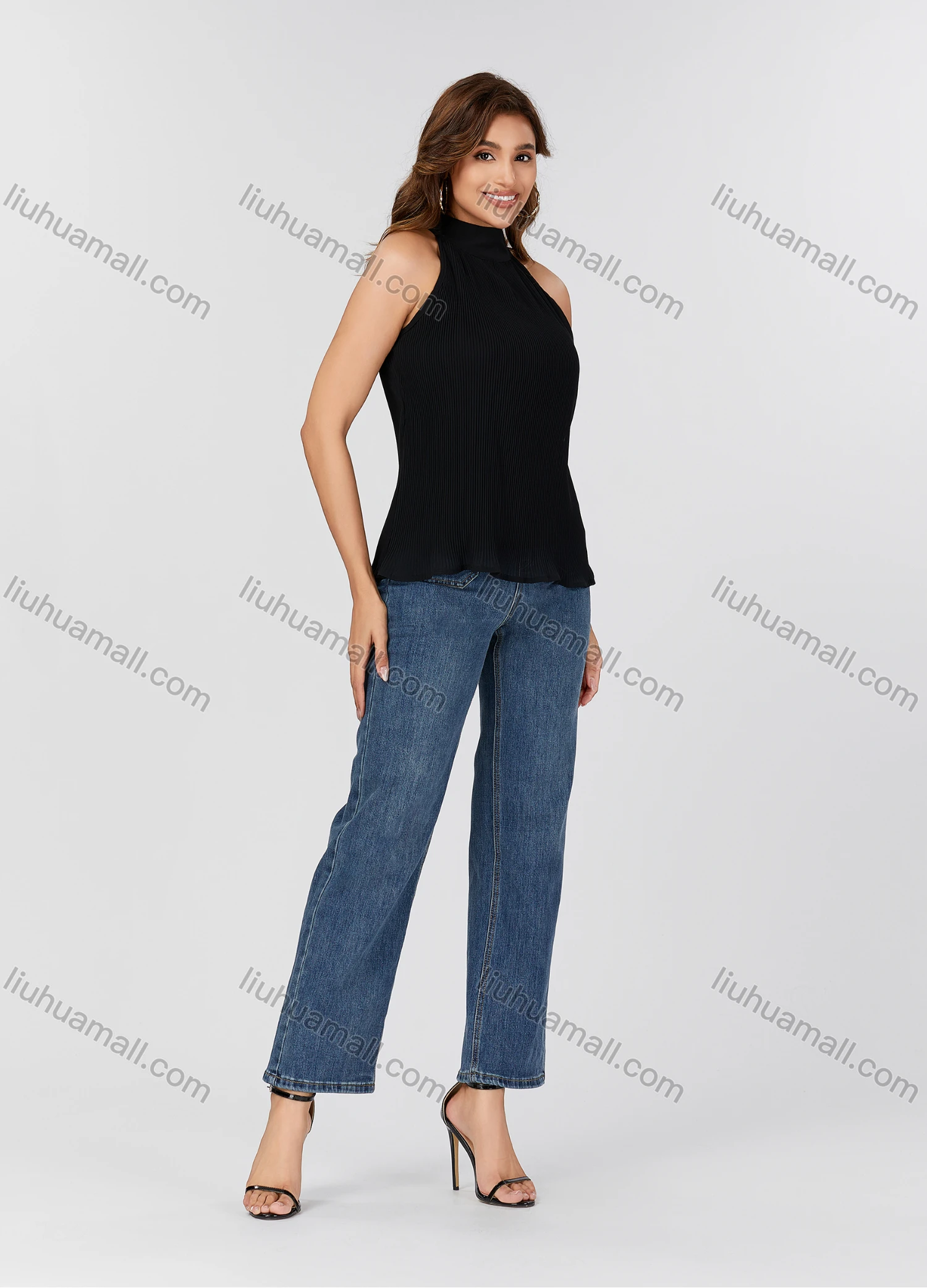 Wholesale Women's Fashion Plain Halter Ribbed Tie Back Lettuce Hem Sleeveless Blouse 2910# - Liuhuamall