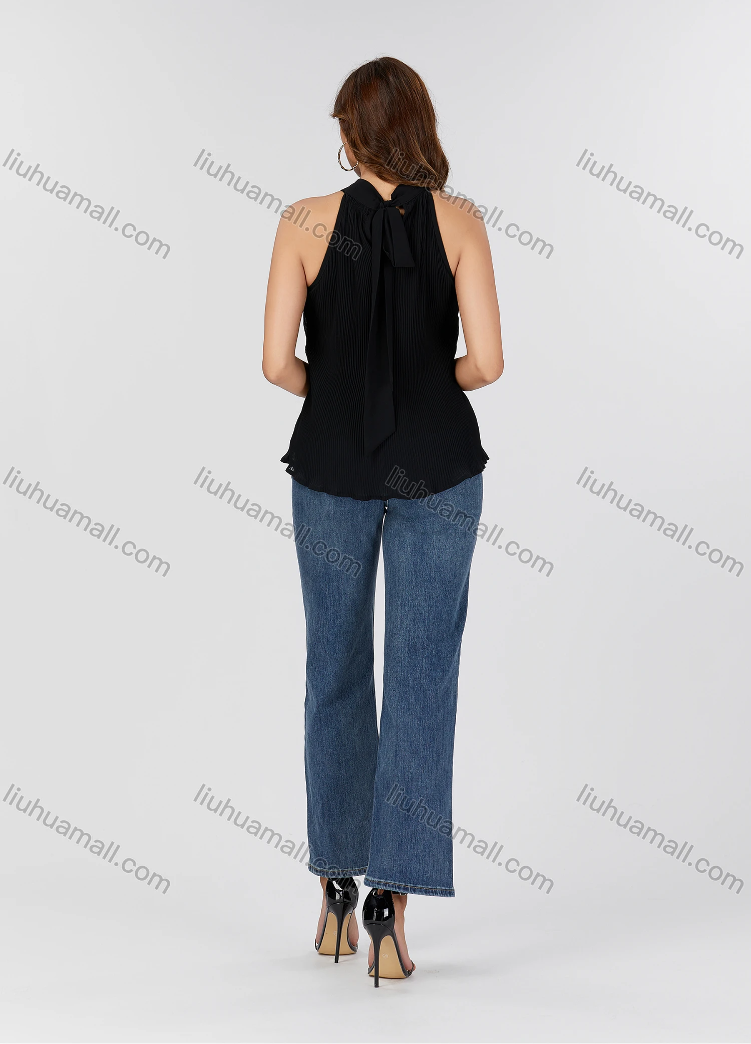 Wholesale Women's Fashion Plain Halter Ribbed Tie Back Lettuce Hem Sleeveless Blouse 2910# - Liuhuamall