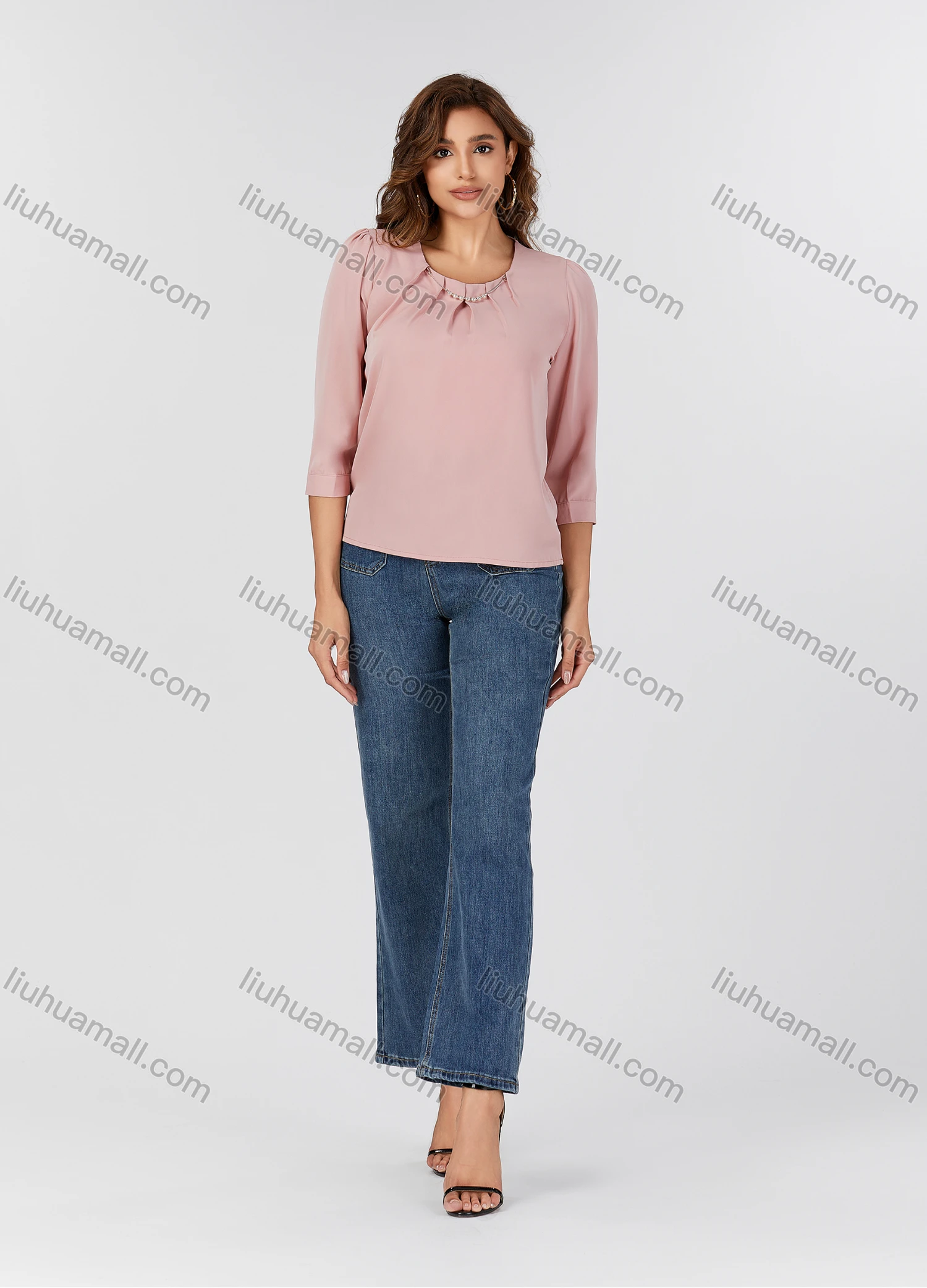 Wholesale Women's Casual Plain Metal Pearl Decor Ruched Crew Neck Half Sleeve Blouse 2498# - Liuhuamall