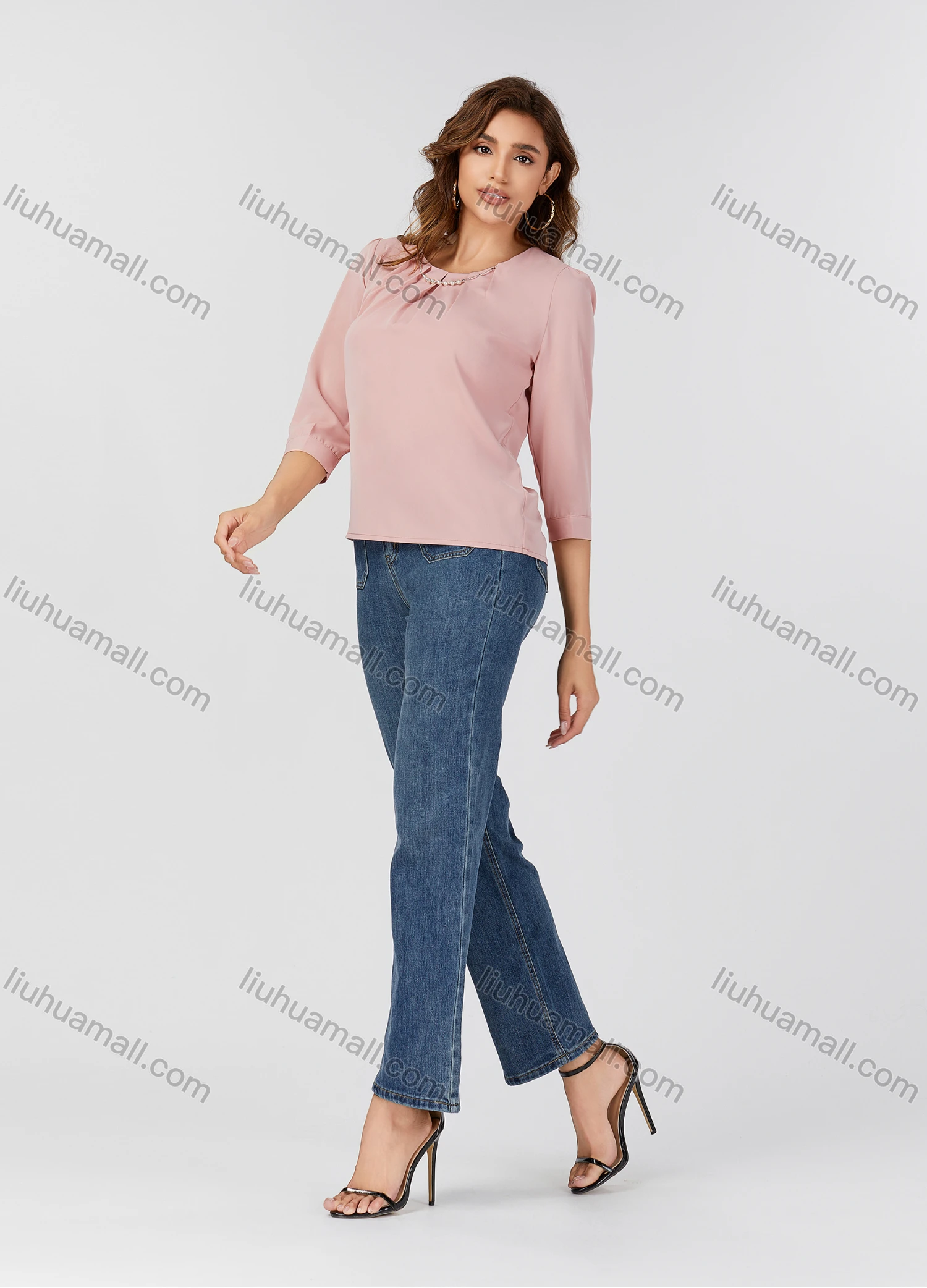 Wholesale Women's Casual Plain Metal Pearl Decor Ruched Crew Neck Half Sleeve Blouse 2498# - Liuhuamall