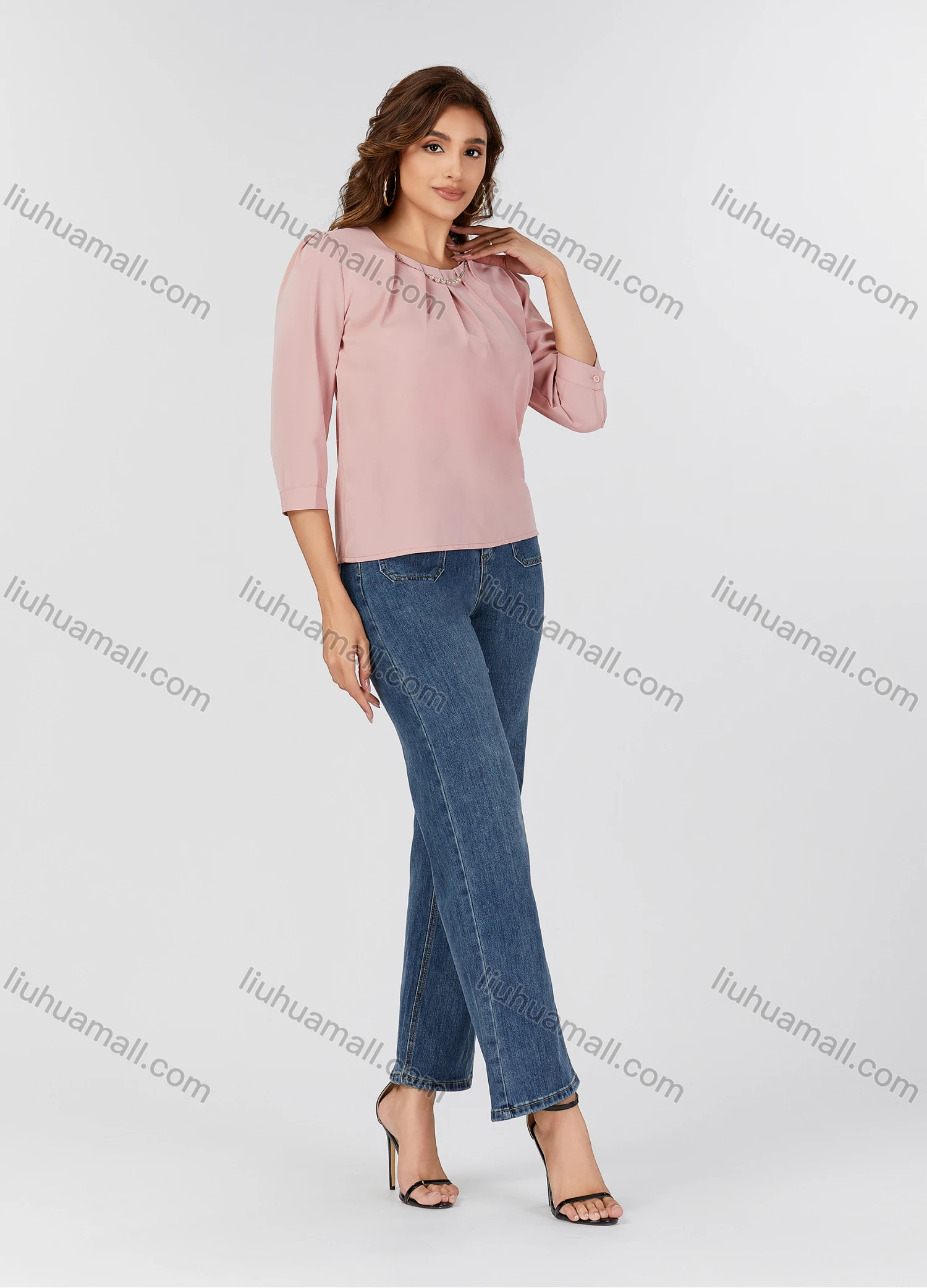 Wholesale Women's Casual Plain Metal Pearl Decor Ruched Crew Neck Half Sleeve Blouse 2498# - Liuhuamall