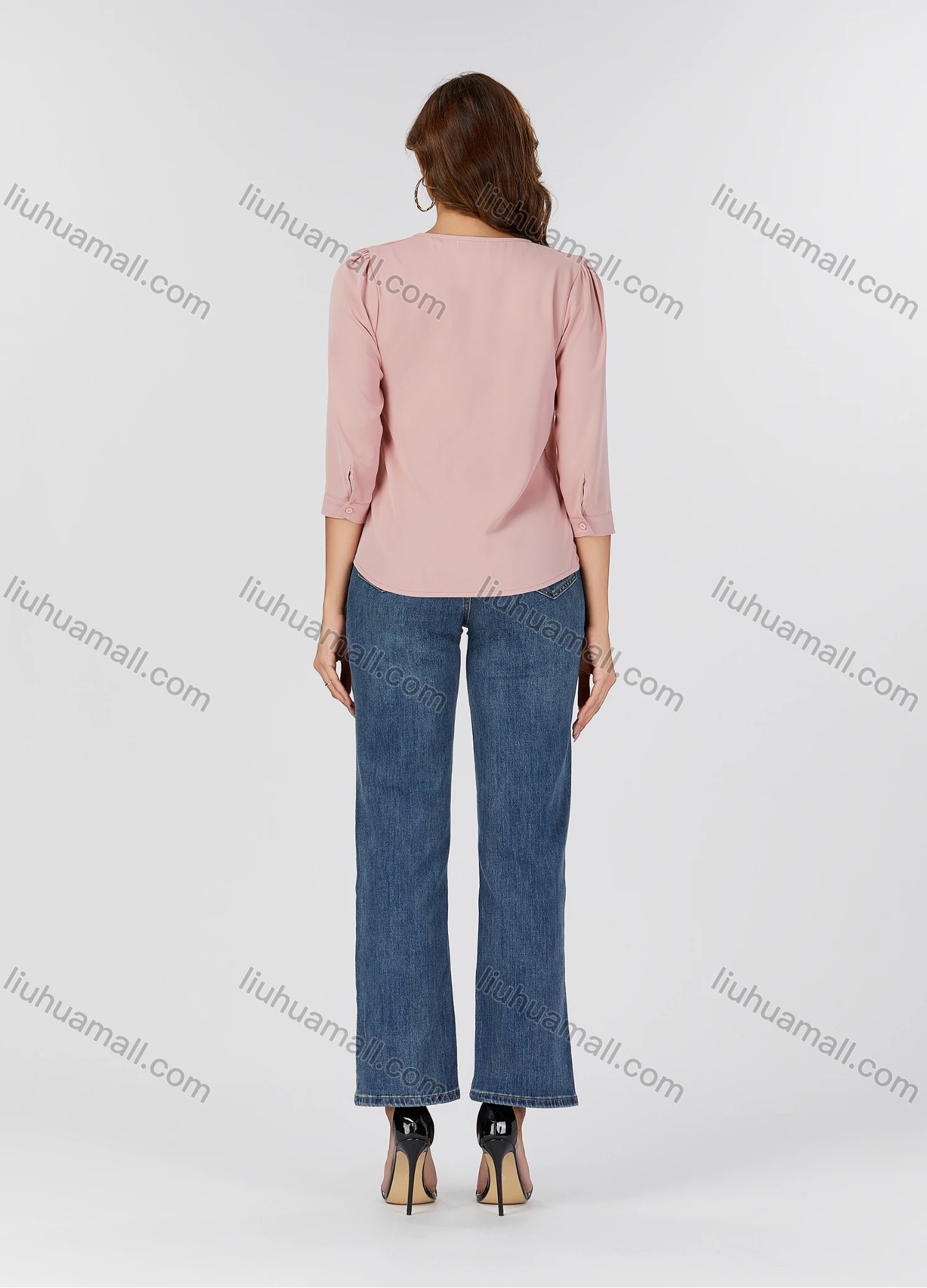 Wholesale Women's Casual Plain Metal Pearl Decor Ruched Crew Neck Half Sleeve Blouse 2498# - Liuhuamall