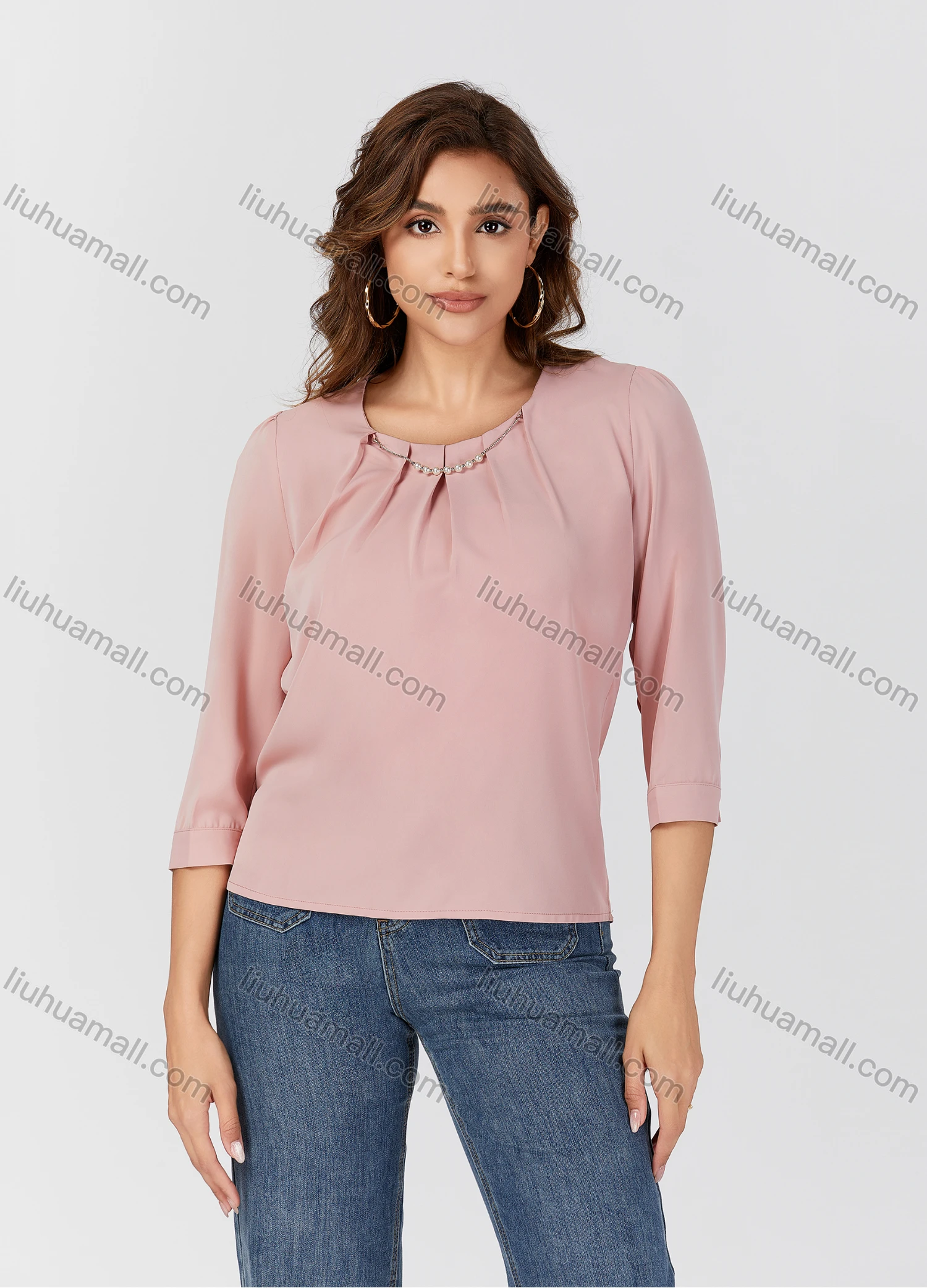 Wholesale Women's Casual Plain Metal Pearl Decor Ruched Crew Neck Half Sleeve Blouse 2498# - Liuhuamall