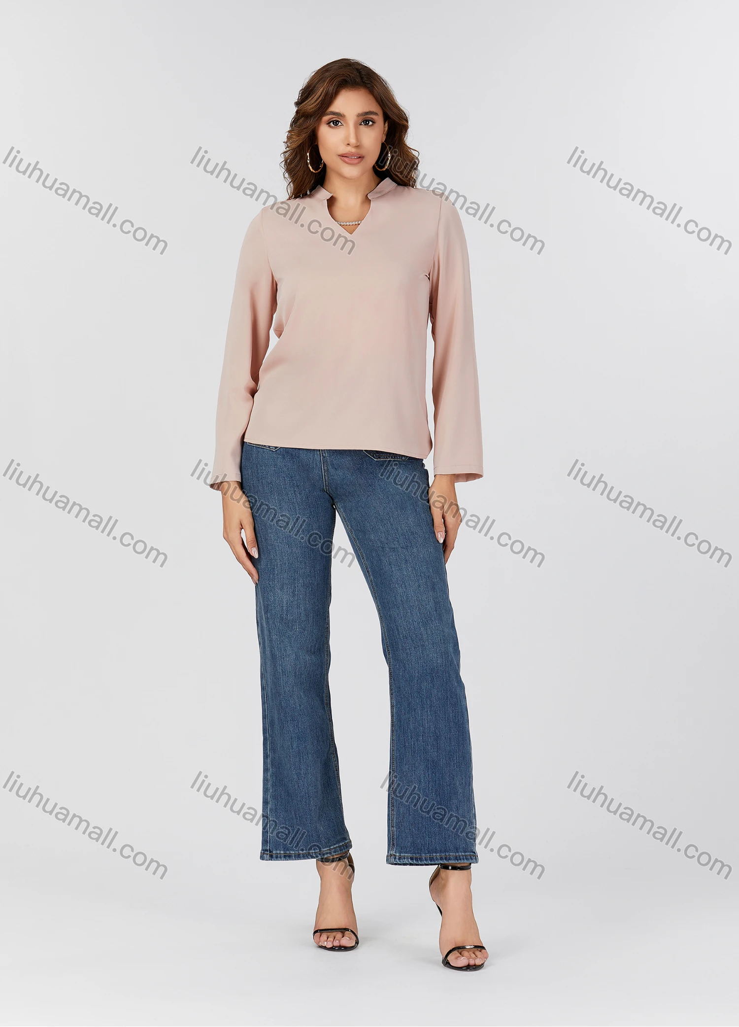 Wholesale Women's Casual Plain Pearl Necklace Decor Notched Collar Long Sleeve Blouse 2501# - Liuhuamall