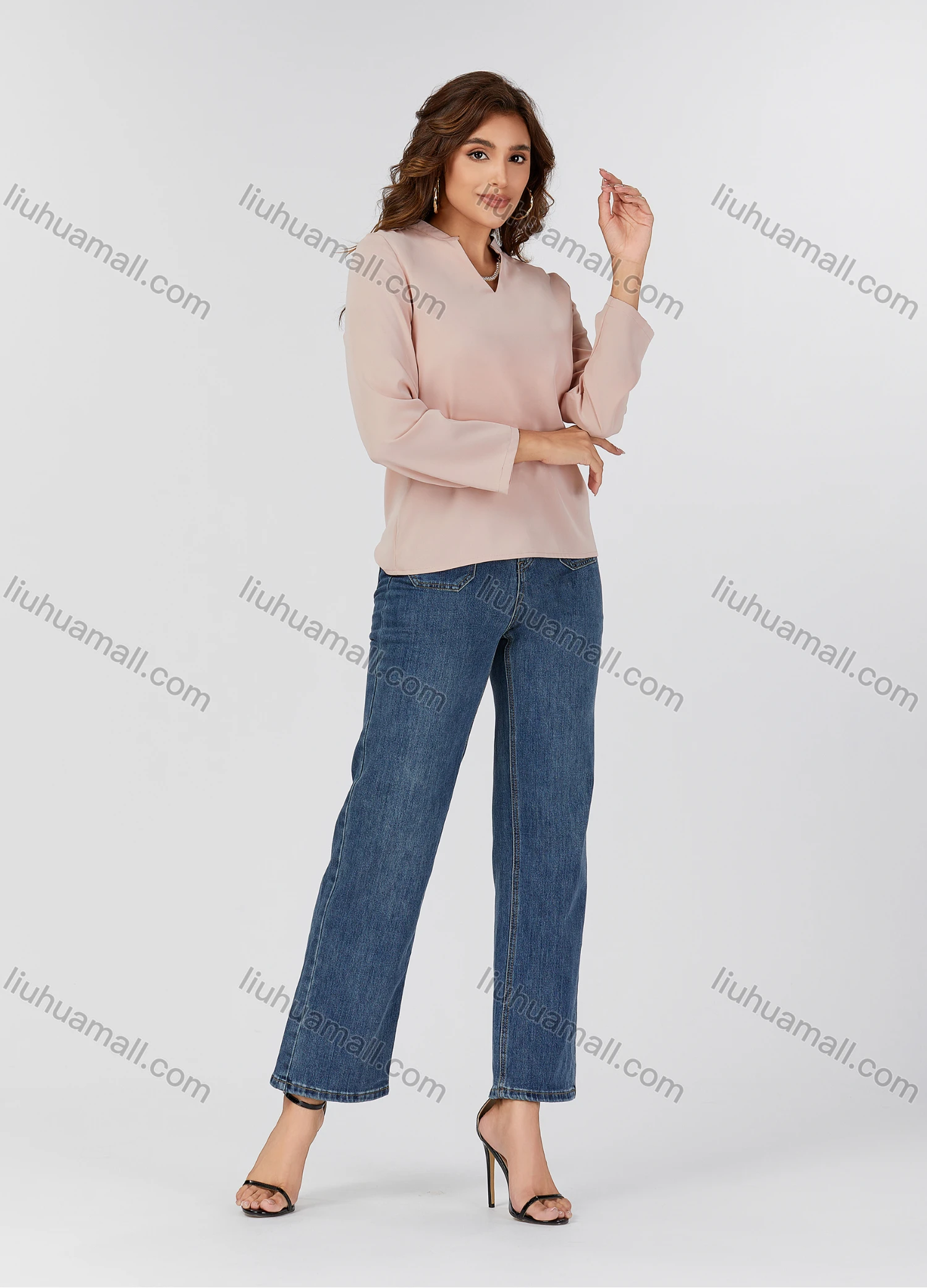 Wholesale Women's Casual Plain Pearl Necklace Decor Notched Collar Long Sleeve Blouse 2501# - Liuhuamall