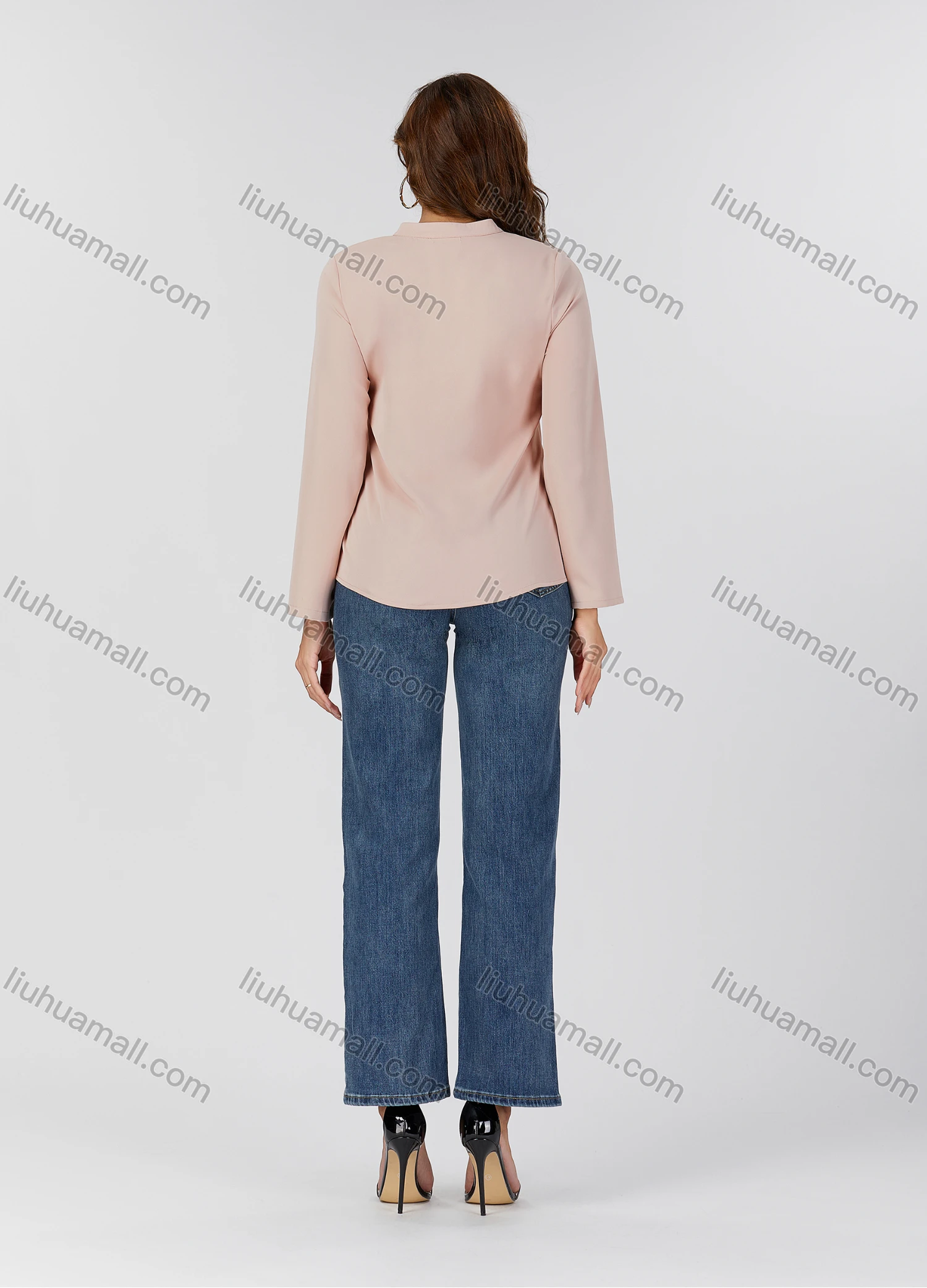 Wholesale Women's Casual Plain Pearl Necklace Decor Notched Collar Long Sleeve Blouse 2501# - Liuhuamall