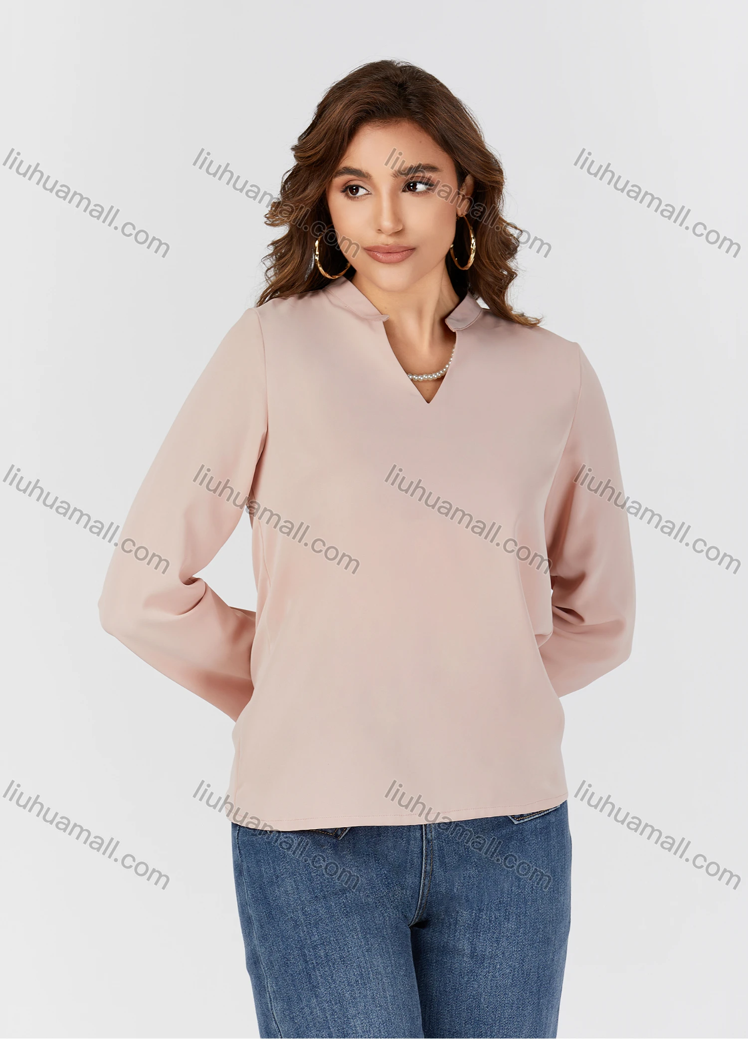 Wholesale Women's Casual Plain Pearl Necklace Decor Notched Collar Long Sleeve Blouse 2501# - Liuhuamall