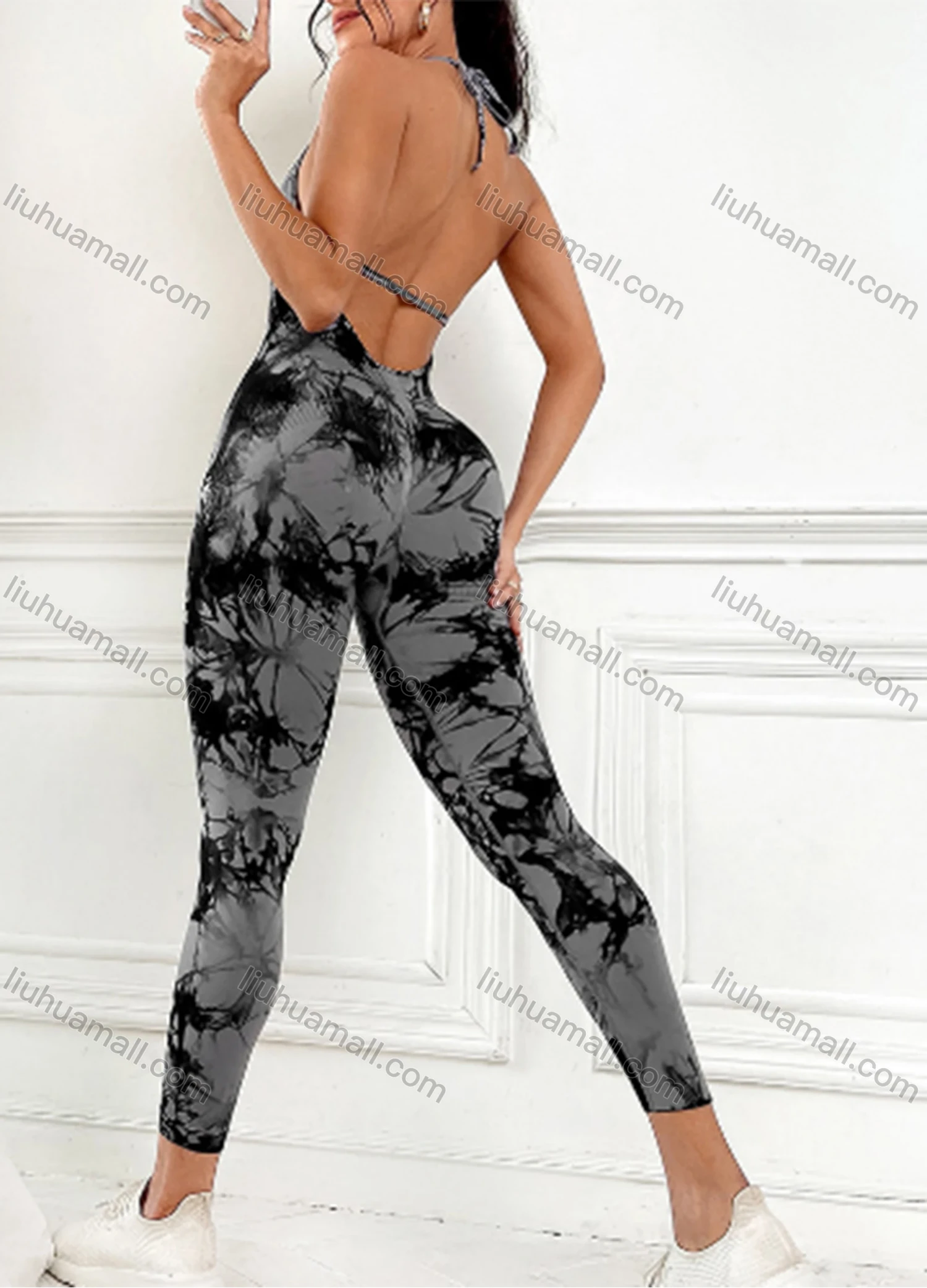 Wholesale Women's Athletic Tie Dye Lace Up Open Back Stretchy Yoga Jumpsuits GJ-8700# - Liuhuamall