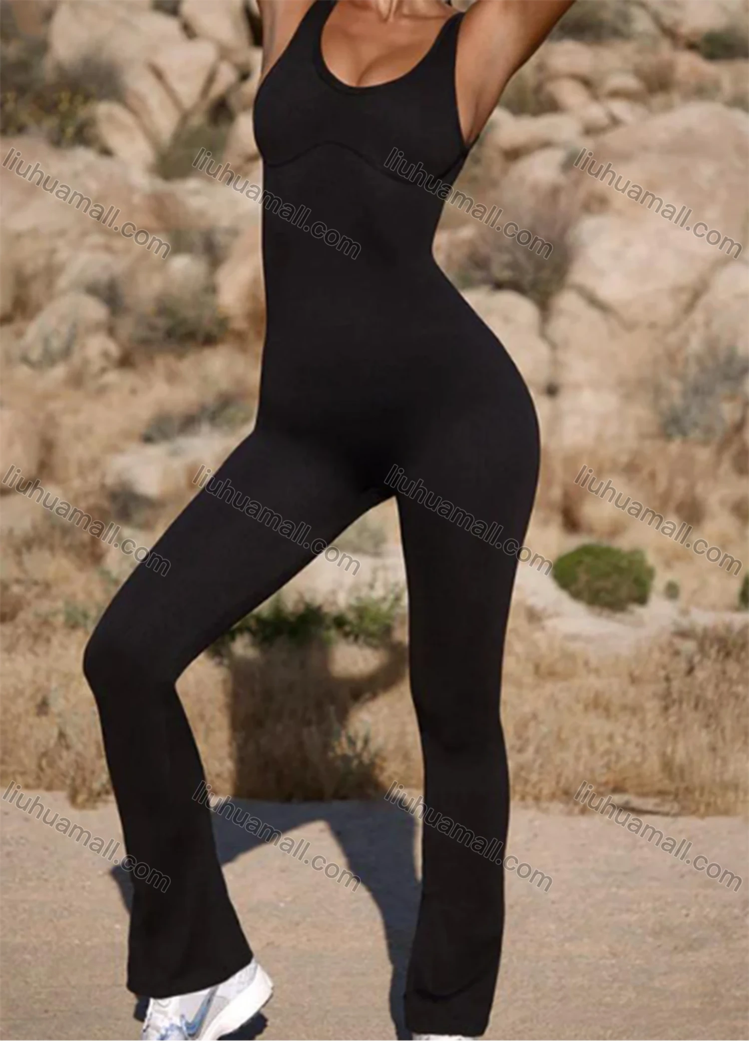 Wholesale Women's Athletic Plain Open Back Stretchy Tank Yoga Flared Jumpsuits GJ-8815# - Liuhuamall