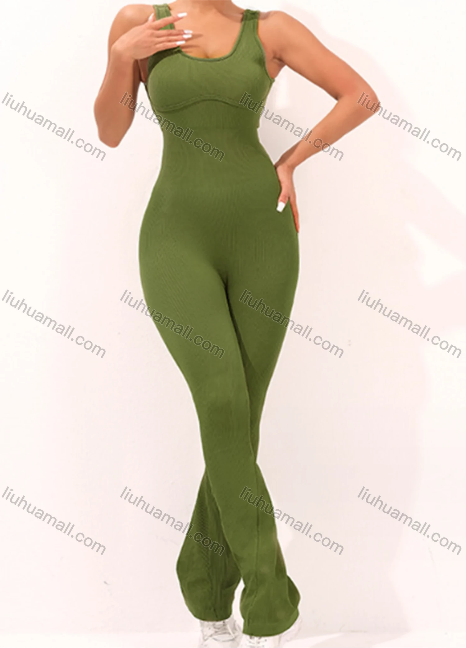 Wholesale Women's Athletic Plain Open Back Stretchy Tank Yoga Flared Jumpsuits GJ-8815# - Liuhuamall