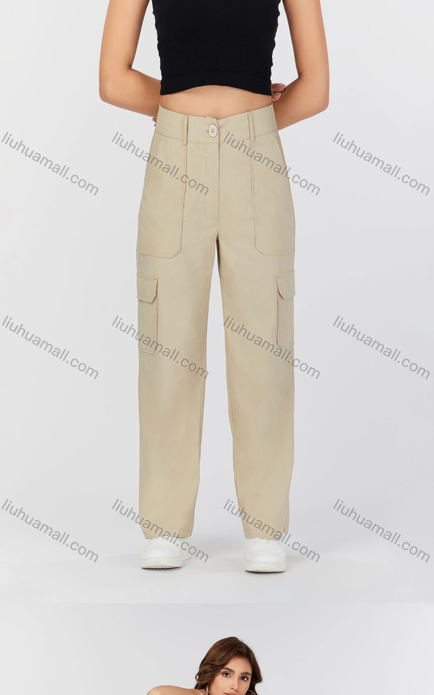 Wholesale Women's Casual Plain Button Closure Multiple Pockets Cargo Pants MT339# - Liuhuamall