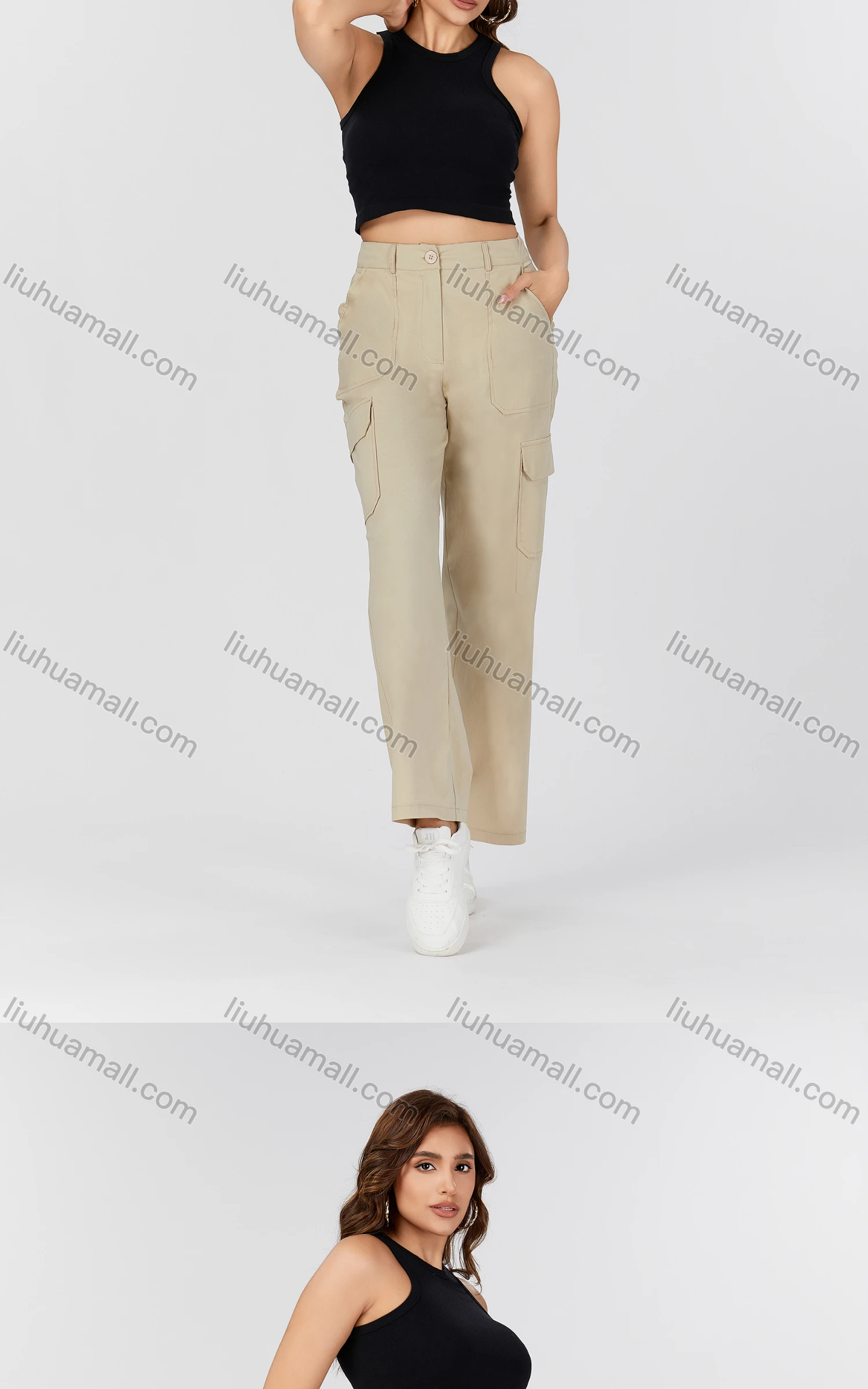 Wholesale Women's Casual Plain Button Closure Multiple Pockets Cargo Pants MT339# - Liuhuamall