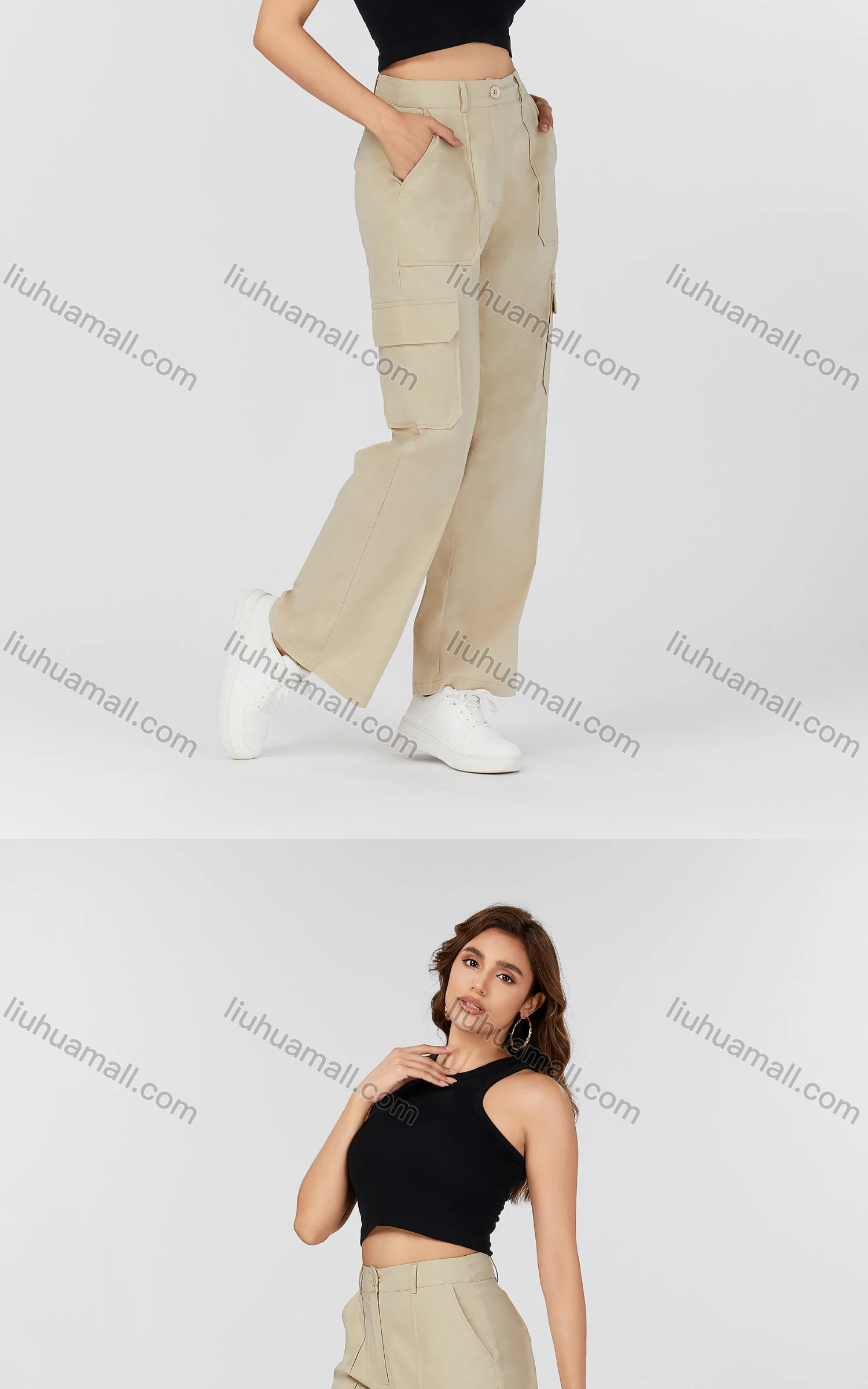 Wholesale Women's Casual Plain Button Closure Multiple Pockets Cargo Pants MT339# - Liuhuamall