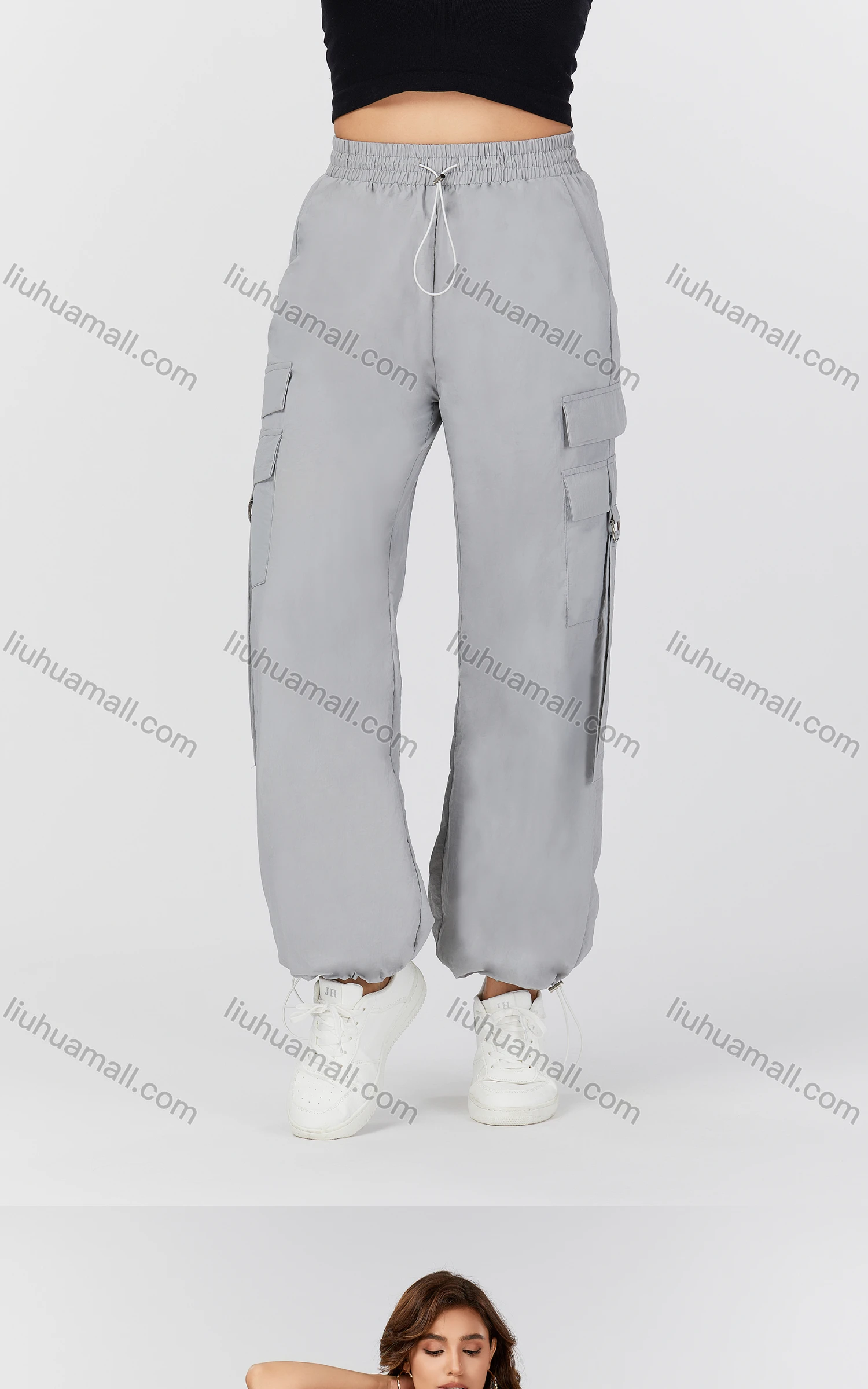 Wholesale Women's Casual Plain Drawstring Multiple Pockets Cargo Pants MT327# - Liuhuamall