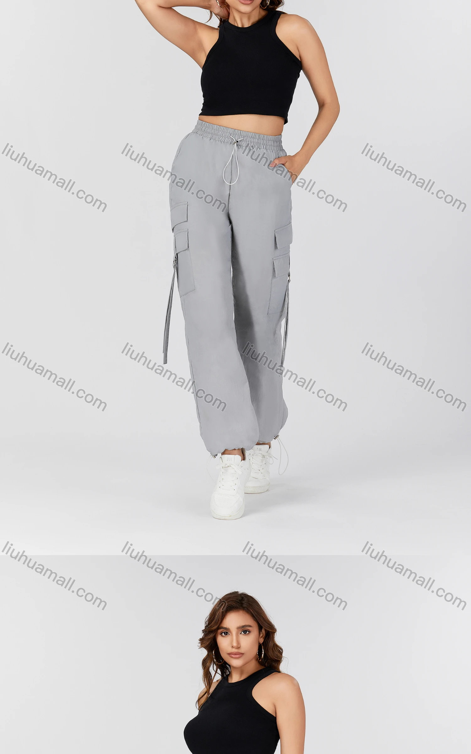 Wholesale Women's Casual Plain Drawstring Multiple Pockets Cargo Pants MT327# - Liuhuamall