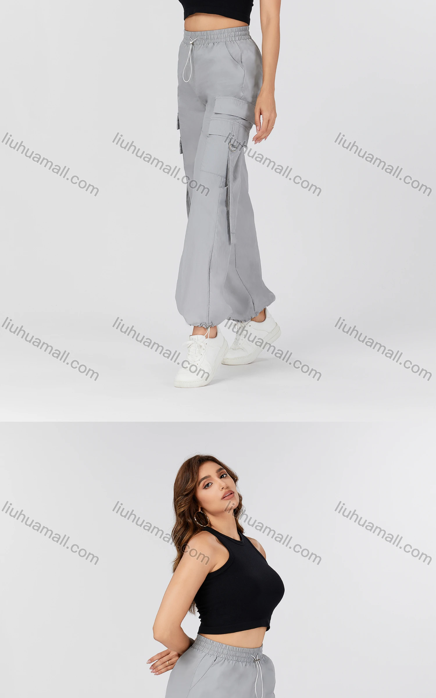Wholesale Women's Casual Plain Drawstring Multiple Pockets Cargo Pants MT327# - Liuhuamall