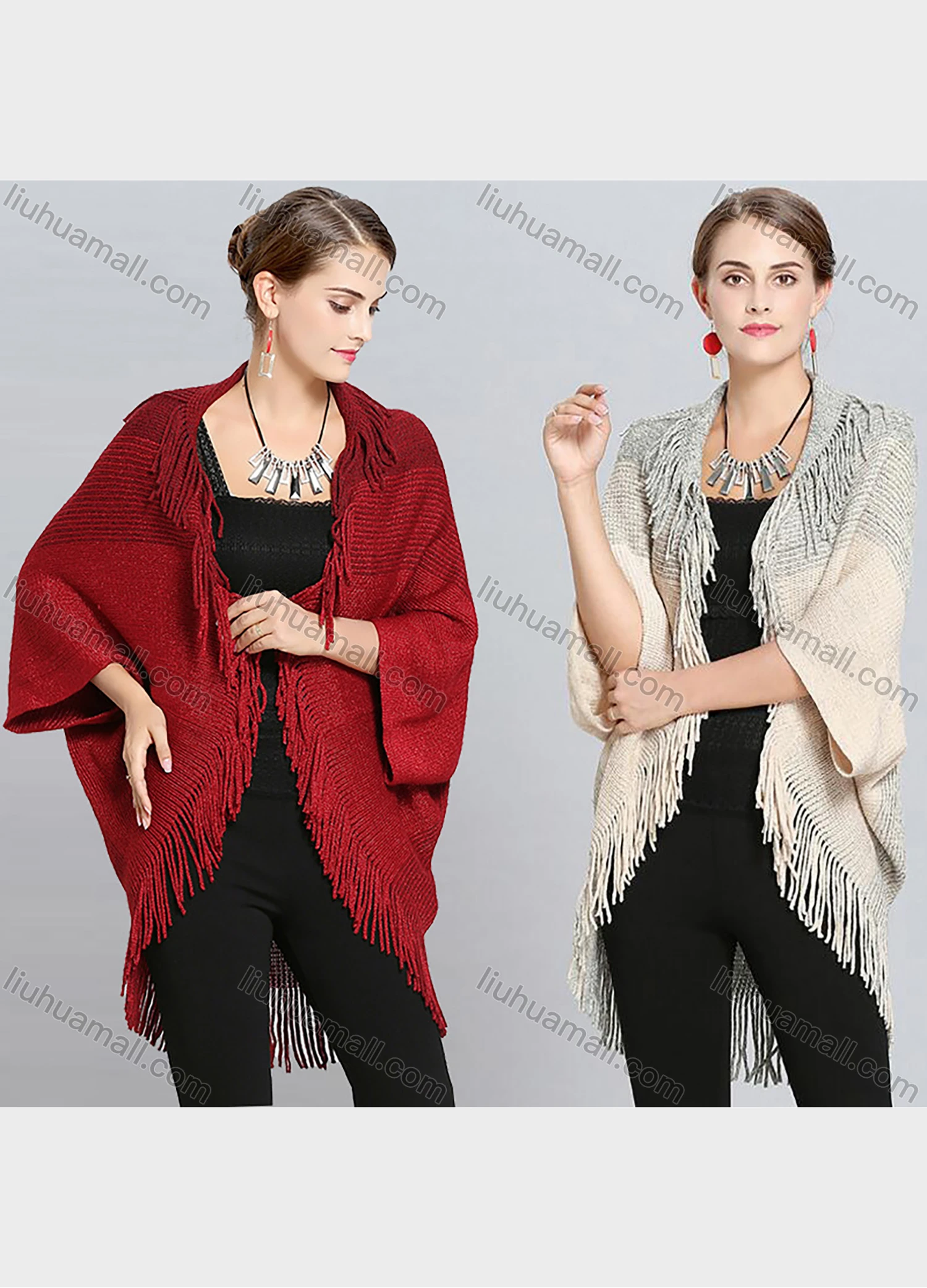 Wholesale Women's Fashion Plain Scarf Hem Batwing Sleeve Tassel Knitted Cardigan - Liuhuamall