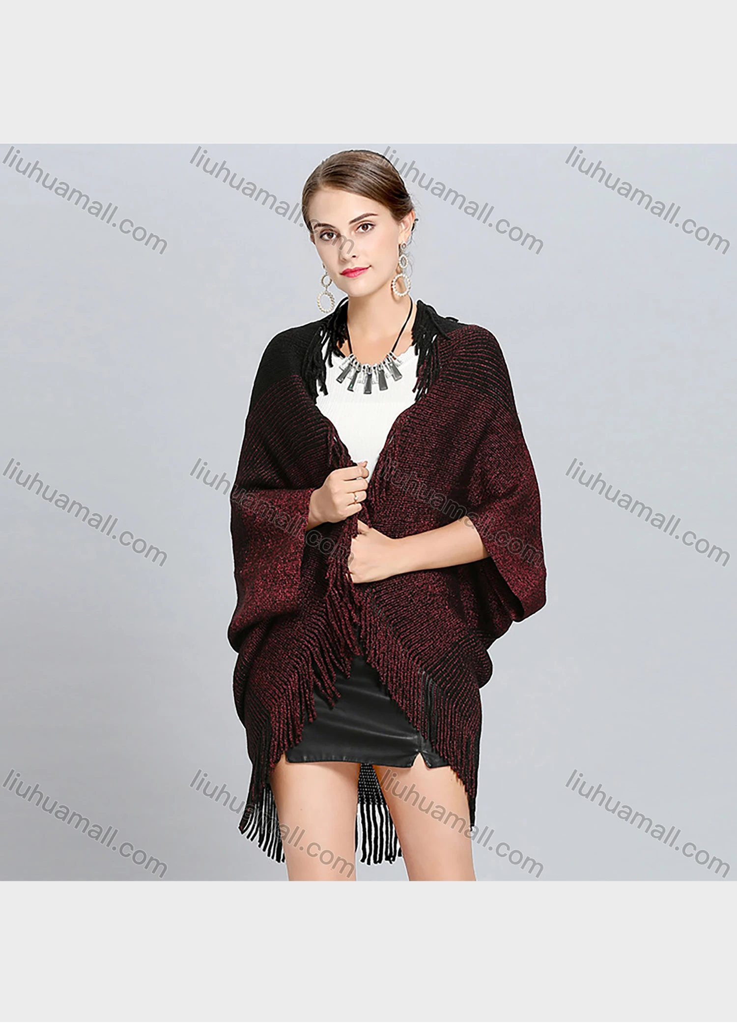 Wholesale Women's Fashion Plain Scarf Hem Batwing Sleeve Tassel Knitted Cardigan - Liuhuamall