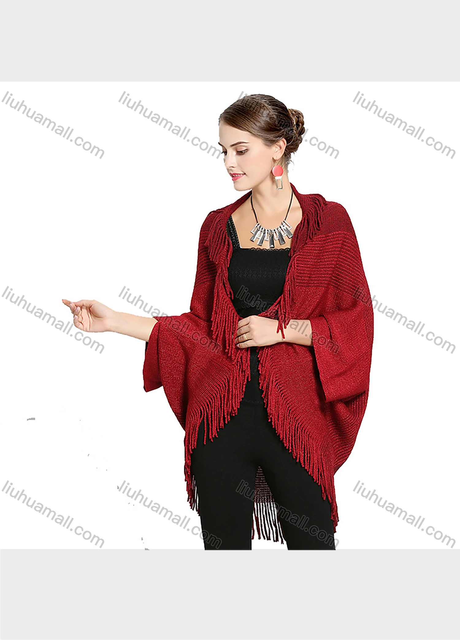 Wholesale Women's Fashion Plain Scarf Hem Batwing Sleeve Tassel Knitted Cardigan - Liuhuamall