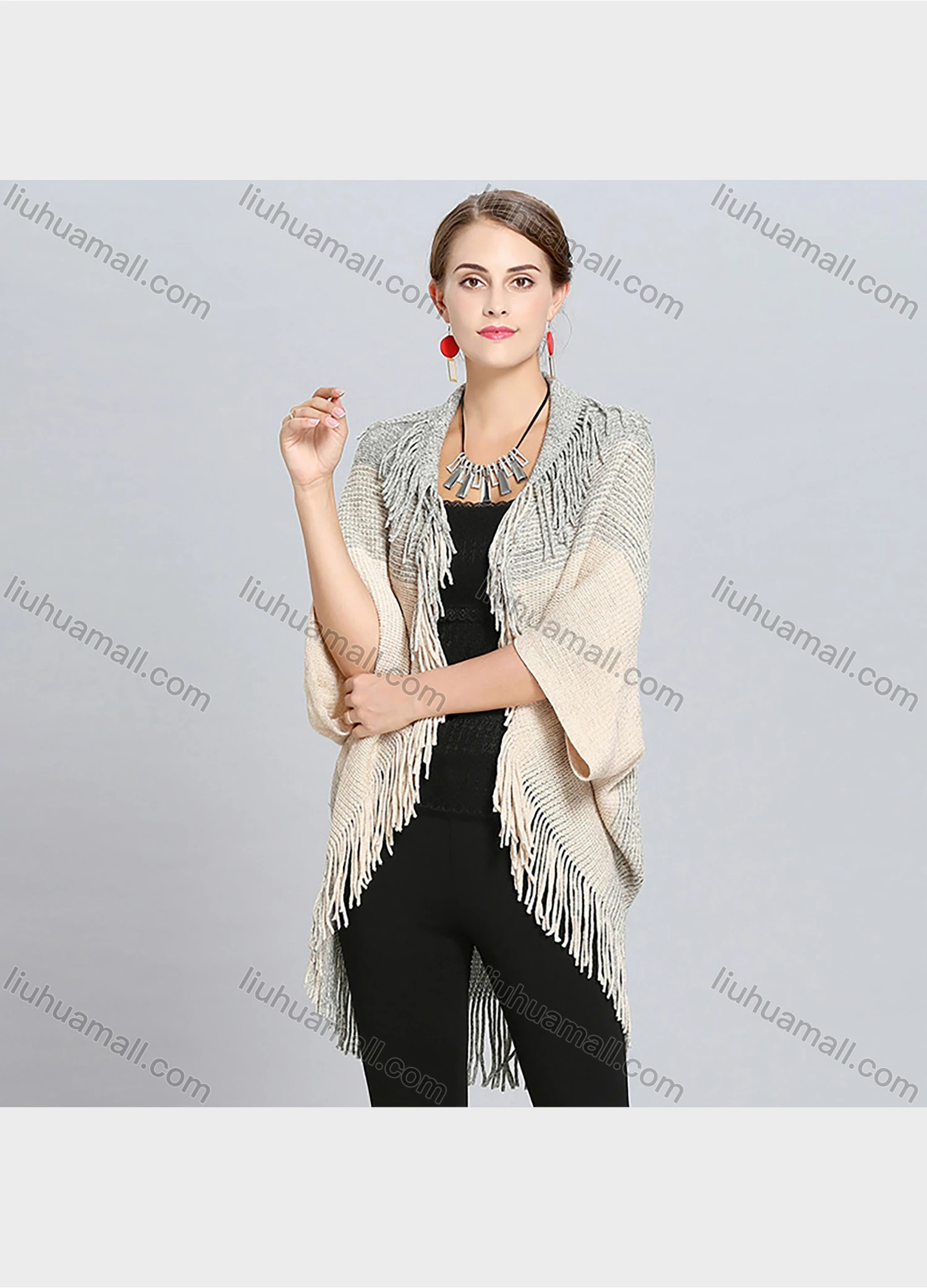 Wholesale Women's Fashion Plain Scarf Hem Batwing Sleeve Tassel Knitted Cardigan - Liuhuamall