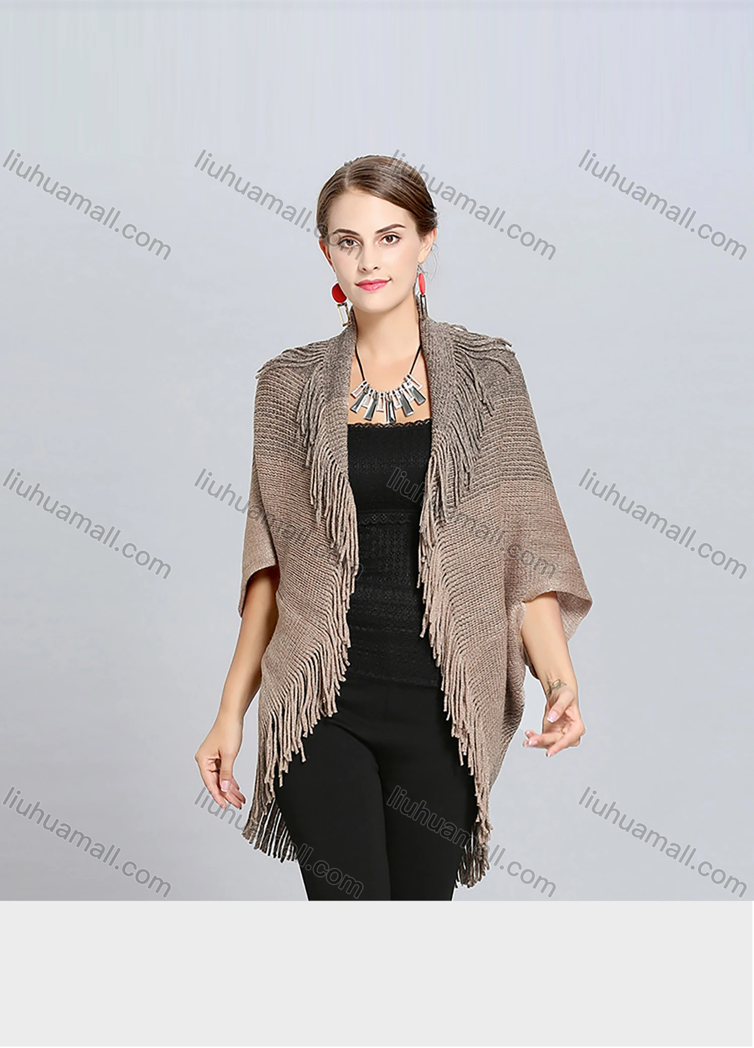 Wholesale Women's Fashion Plain Scarf Hem Batwing Sleeve Tassel Knitted Cardigan - Liuhuamall