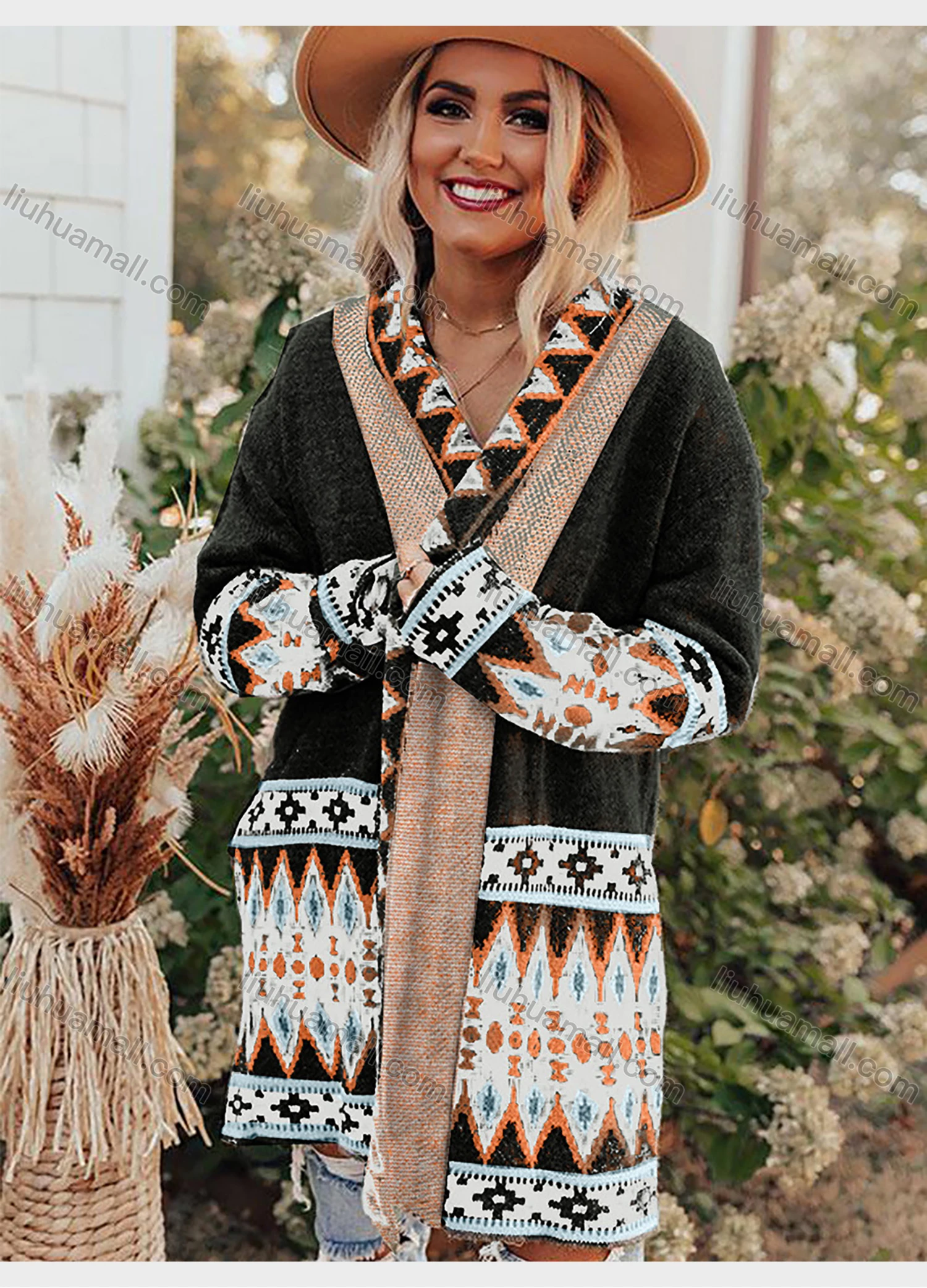 Wholesale Women's Fashion Geometric Folk Art Splicing Long Sleeve Knitted Cardigan - Liuhuamall