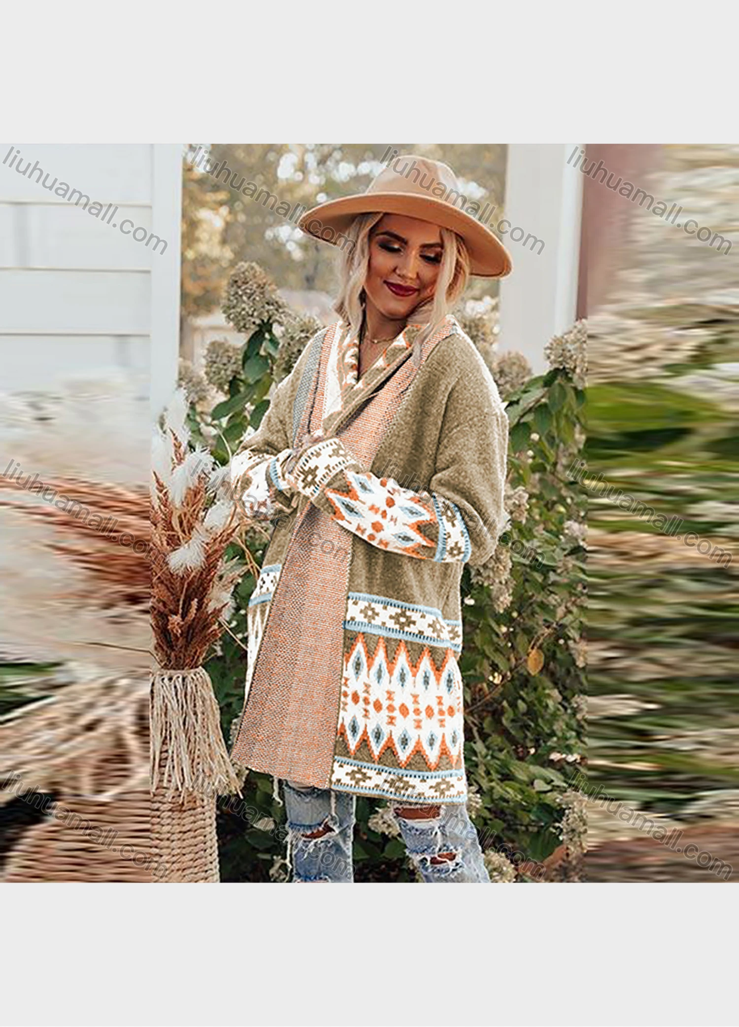 Wholesale Women's Fashion Geometric Folk Art Splicing Long Sleeve Knitted Cardigan - Liuhuamall