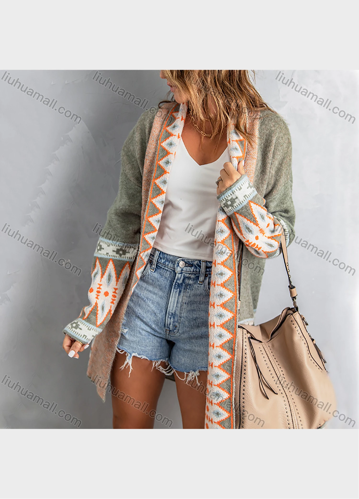 Wholesale Women's Fashion Geometric Folk Art Splicing Long Sleeve Knitted Cardigan - Liuhuamall