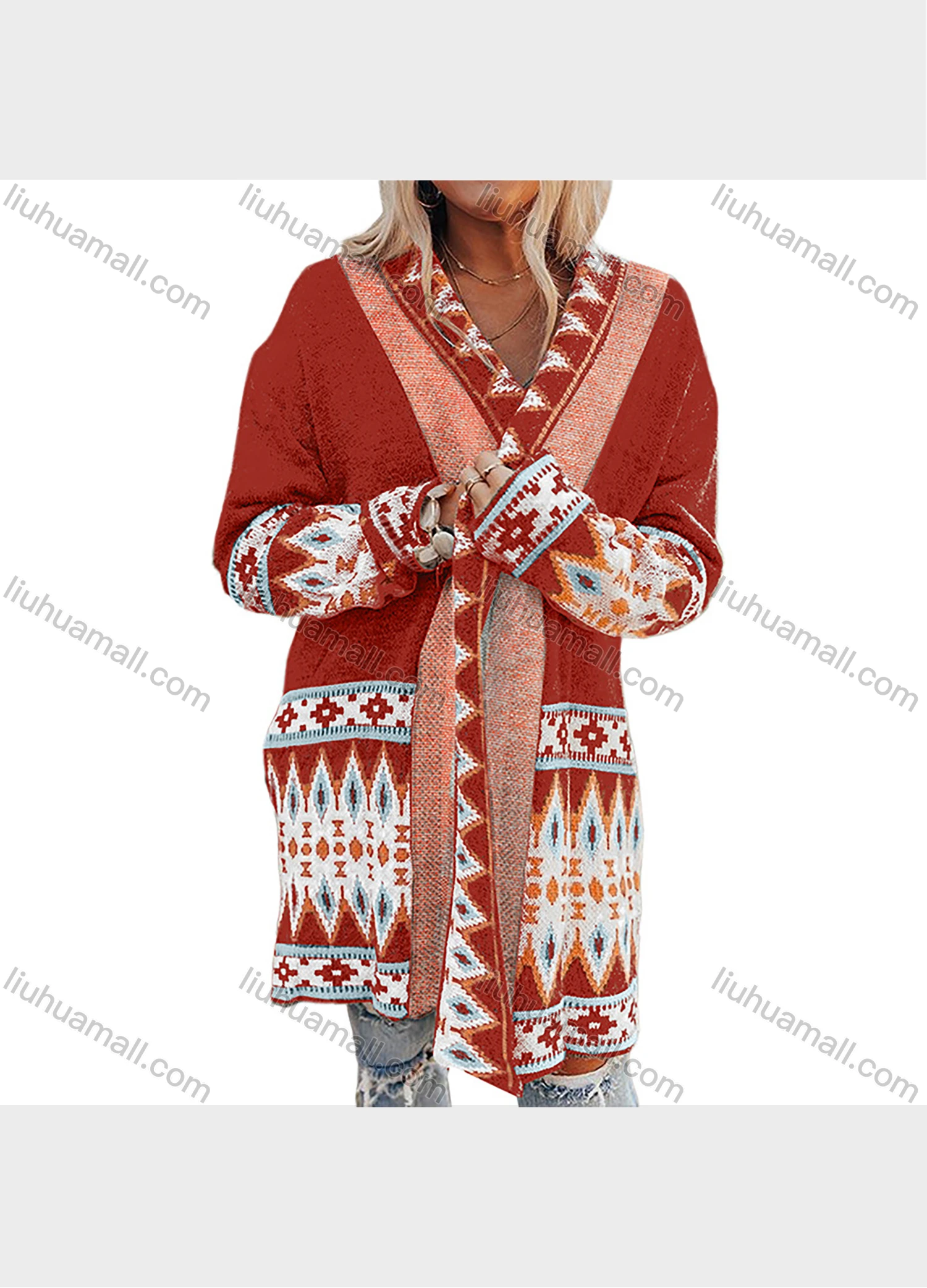 Wholesale Women's Fashion Geometric Folk Art Splicing Long Sleeve Knitted Cardigan - Liuhuamall