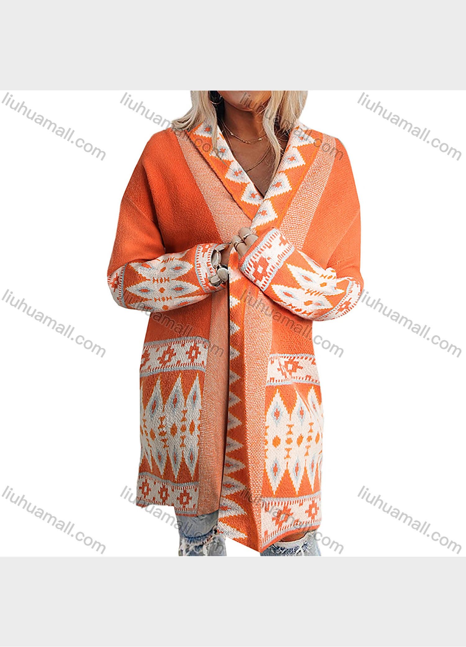 Wholesale Women's Fashion Geometric Folk Art Splicing Long Sleeve Knitted Cardigan - Liuhuamall