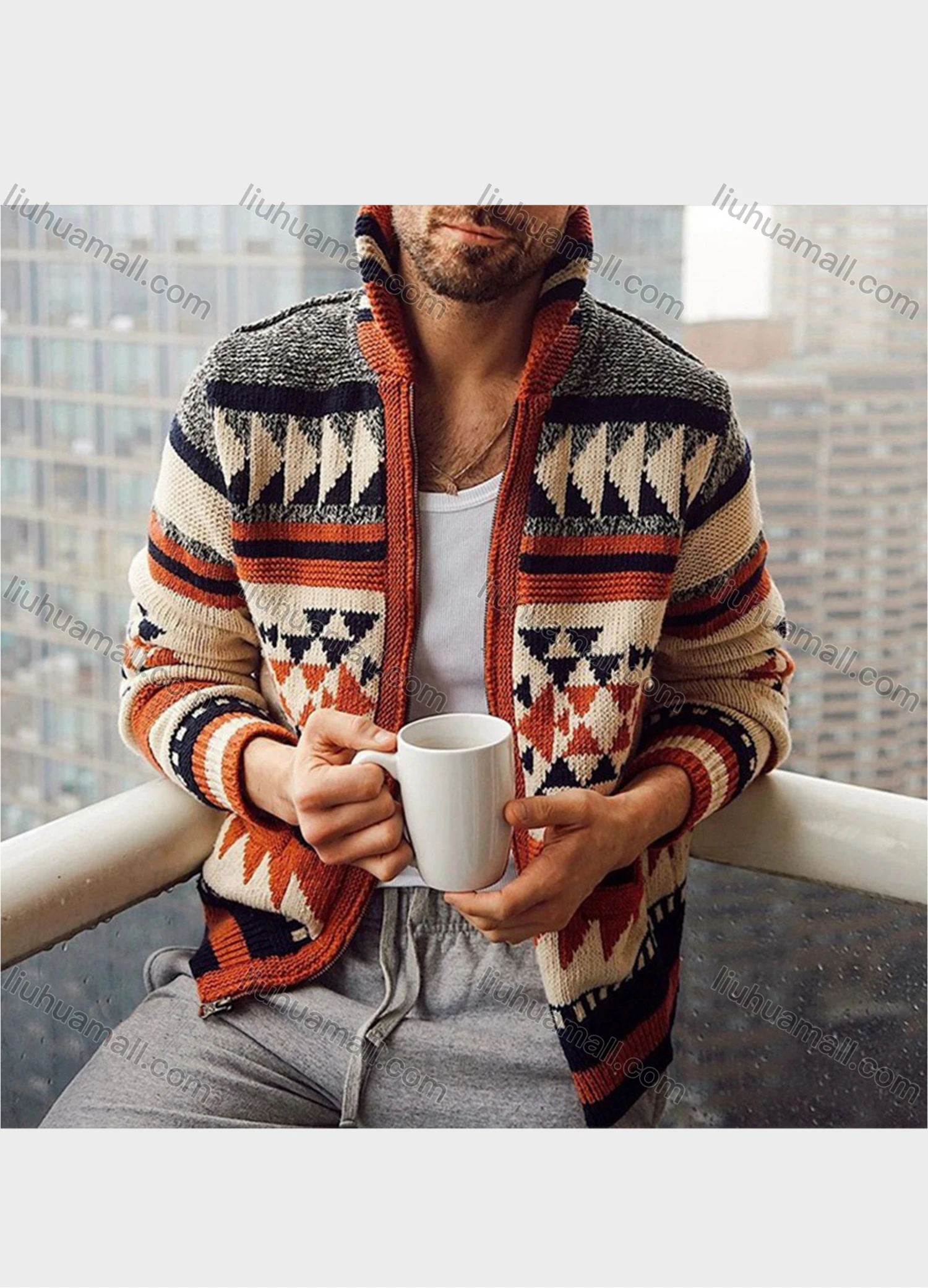 Wholesale Men's Fashion Geometric Long Sleeve Jacquard Lapel Collar Full Zip Thermal Knit Jackets - Liuhuamall