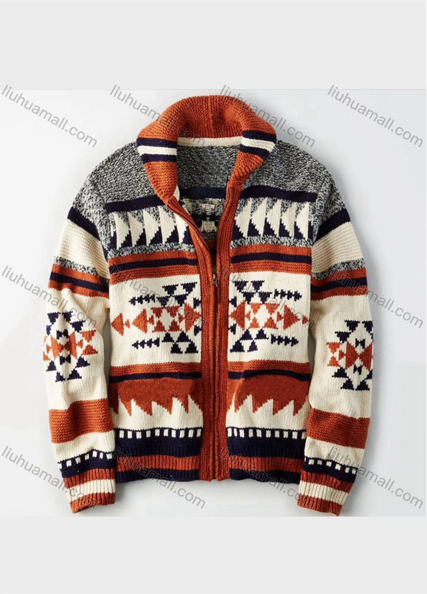 Wholesale Men's Fashion Geometric Long Sleeve Jacquard Lapel Collar Full Zip Thermal Knit Jackets - Liuhuamall